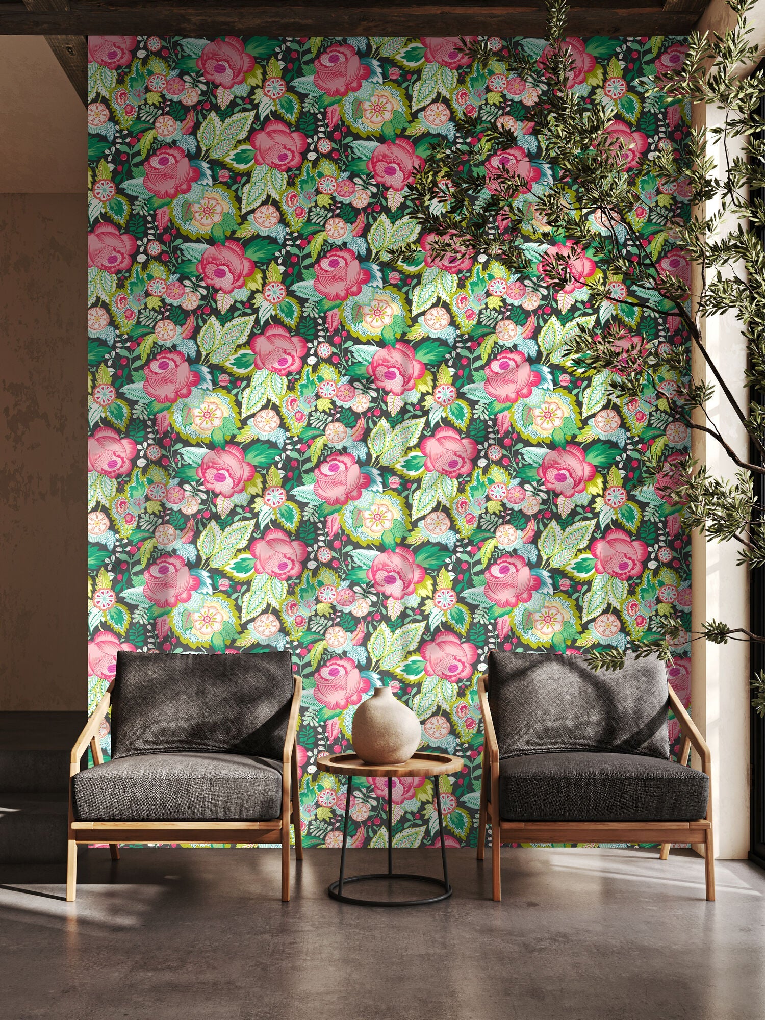 RON50134W Emily Rose Ebony Citrus Wallpaper by Ohpopsi