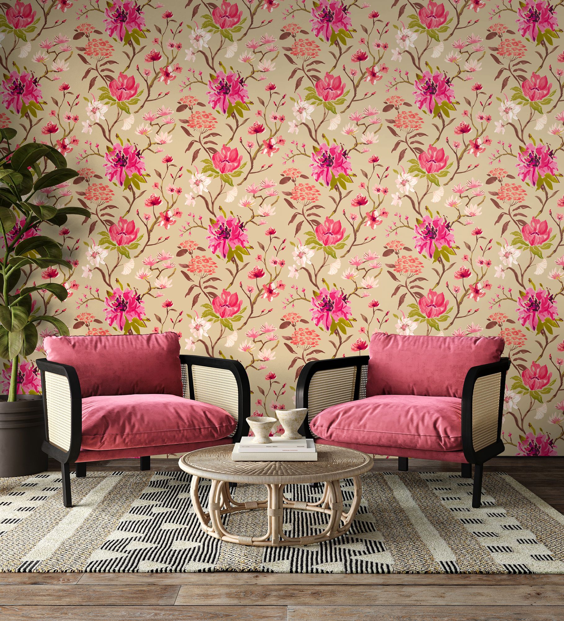 HAN50149W Saku Tea & Rose Wallpaper by Ohpopsi