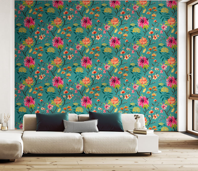 HAN50152W Saku Peacock & Rose Wallpaper by Ohpopsi