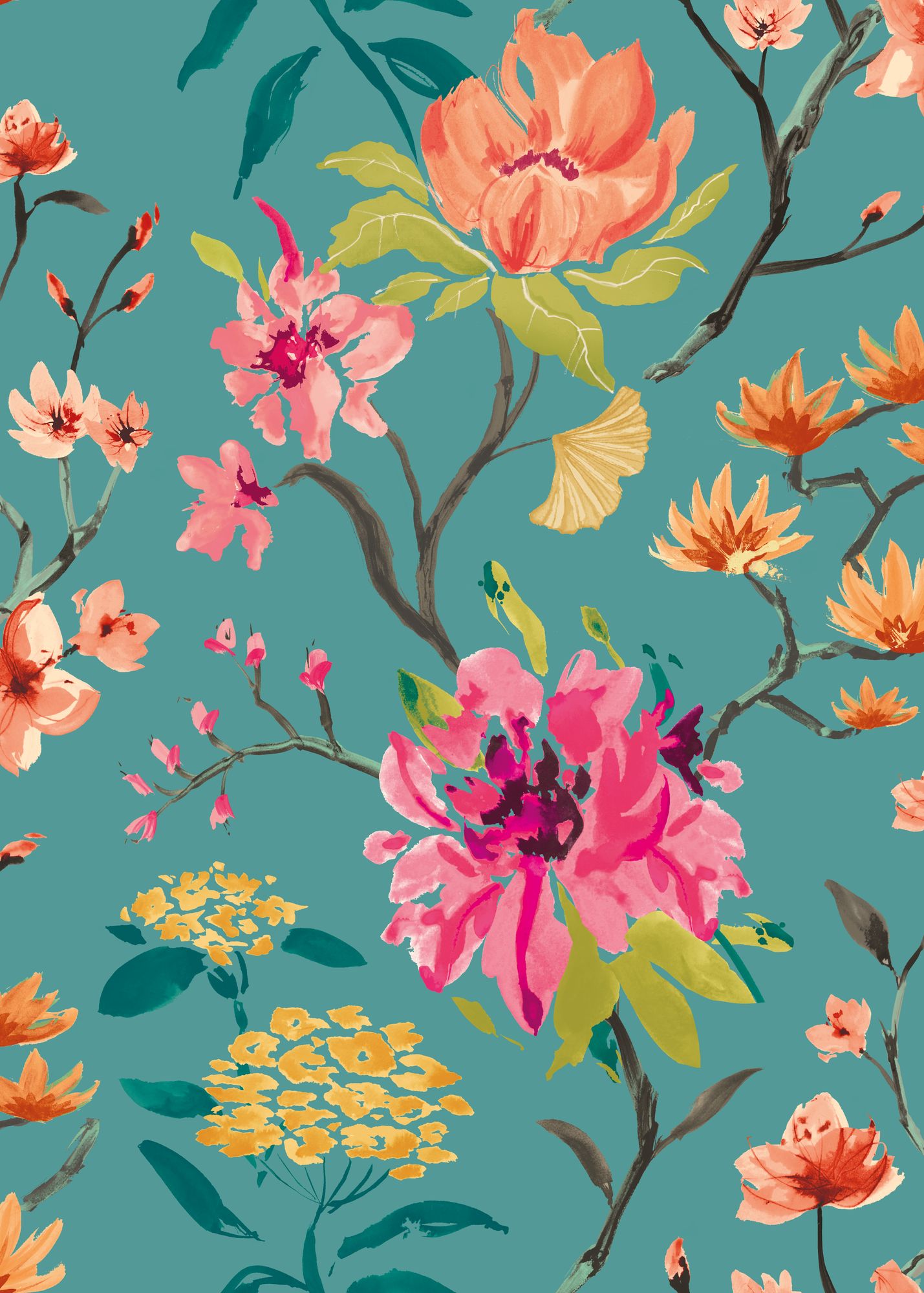 HAN50152W Saku Peacock & Rose Wallpaper by Ohpopsi