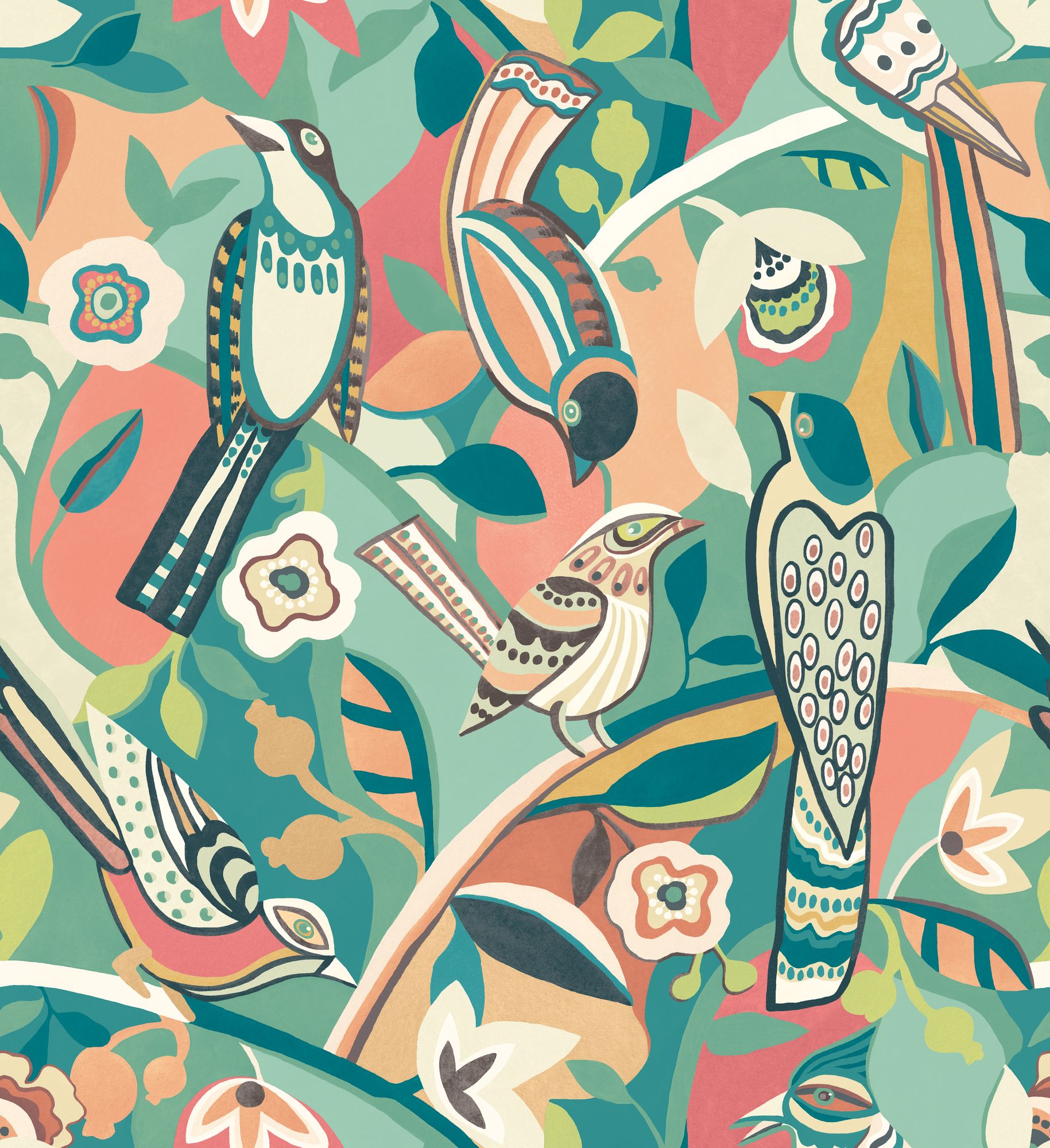 REV50115W Forest Chorus Blushed Mint Wallpaper by Ohpopsi