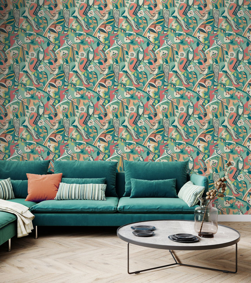 REV50115W Forest Chorus Blushed Mint Wallpaper by Ohpopsi