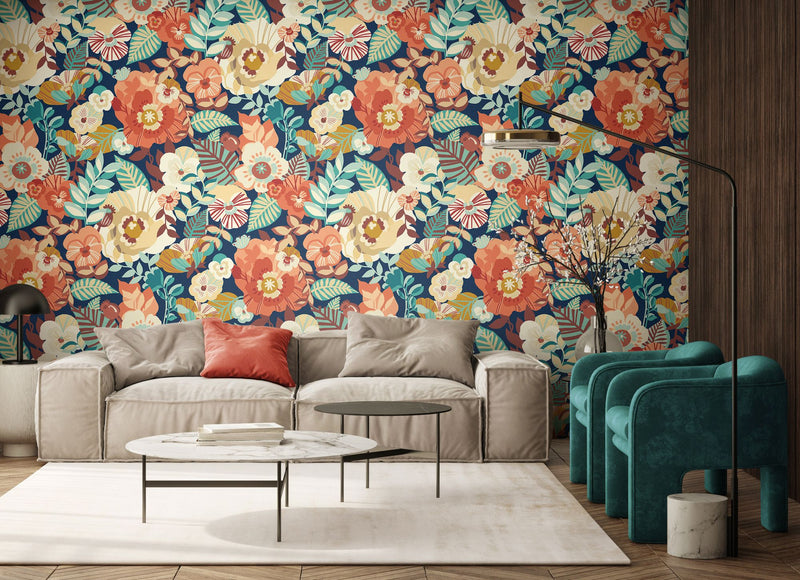 REV50125W Poppies + Pansies Smoky Terra Wallpaper by Ohpopsi