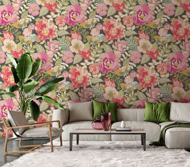 REV50126W Poppies + Pansies Vintage Rose Wallpaper by Ohpopsi