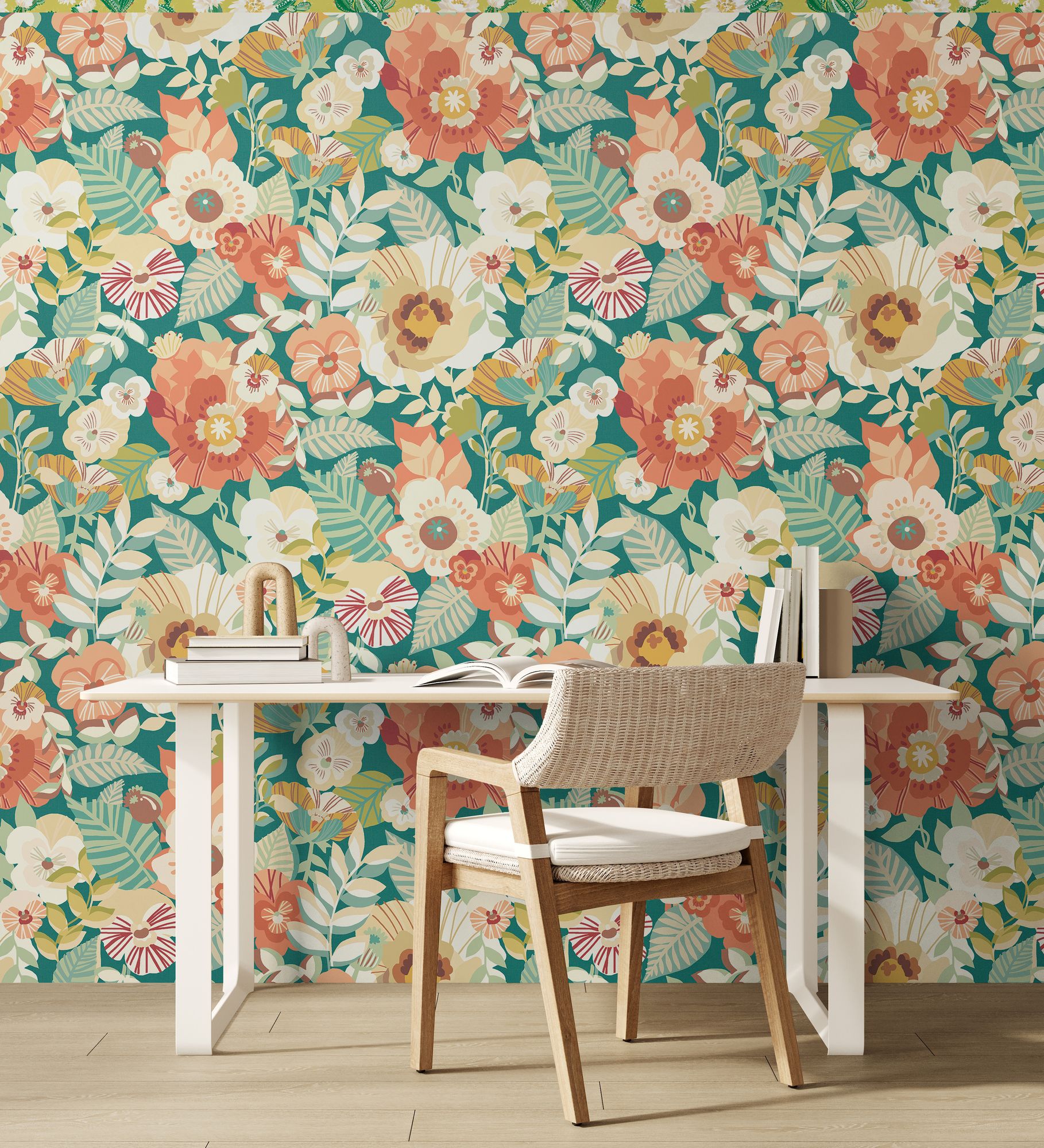 REV50127W Poppies + Pansies Emerald Glow Wallpaper by Ohpopsi