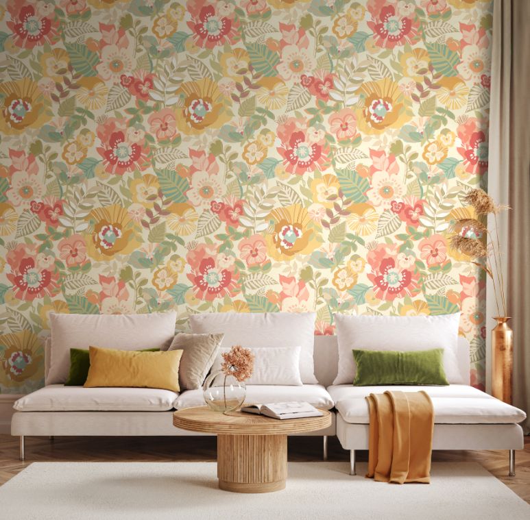 REV50128W Poppies + Pansies Apricot Twist Wallpaper by Ohpopsi