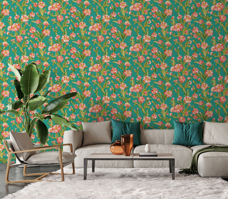 REV50157W Cactus Bloom Jade Twist Wallpaper by Ohpopsi