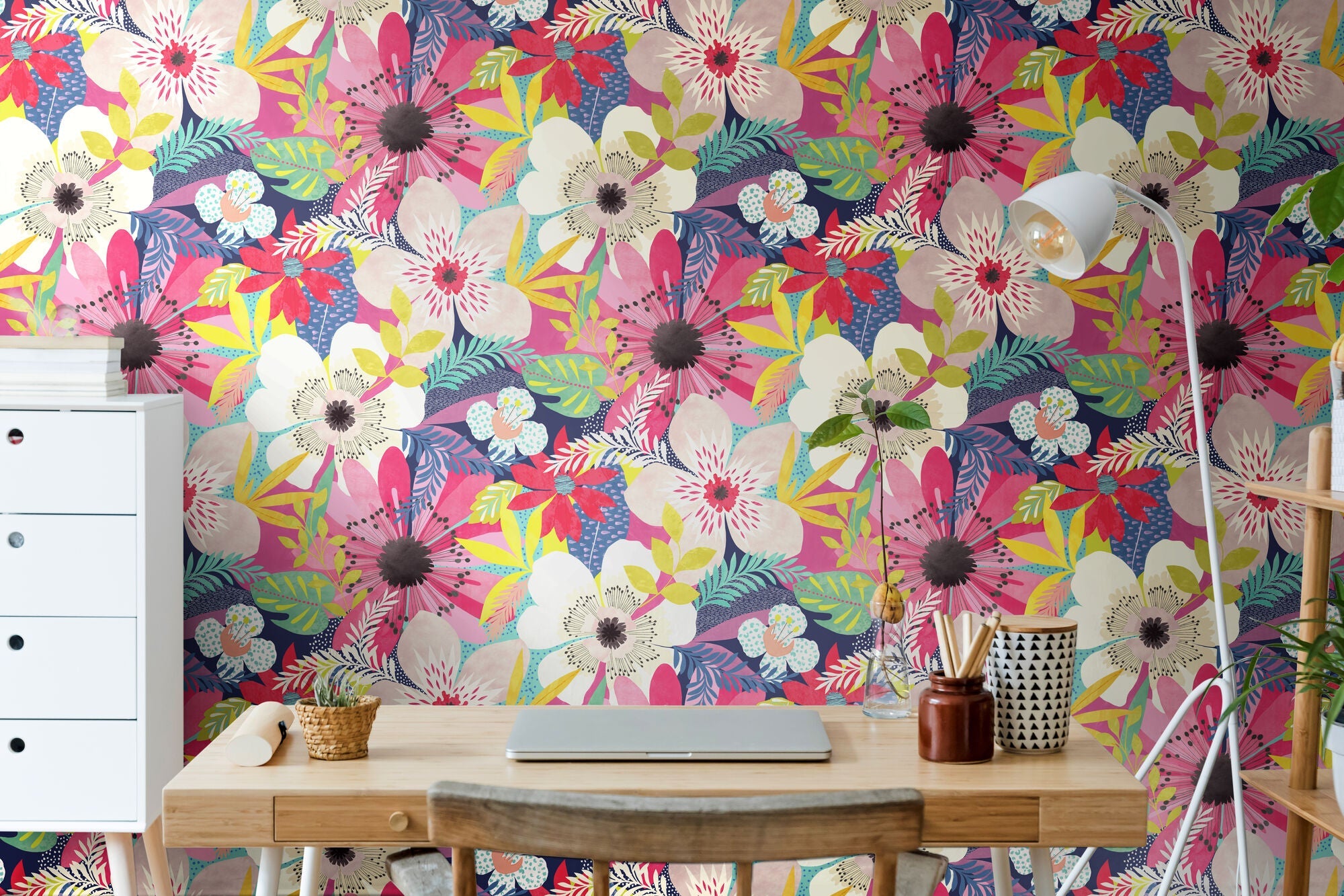 CEP50106W Floral Riot Raspberry Wallpaper by Ohpopsi