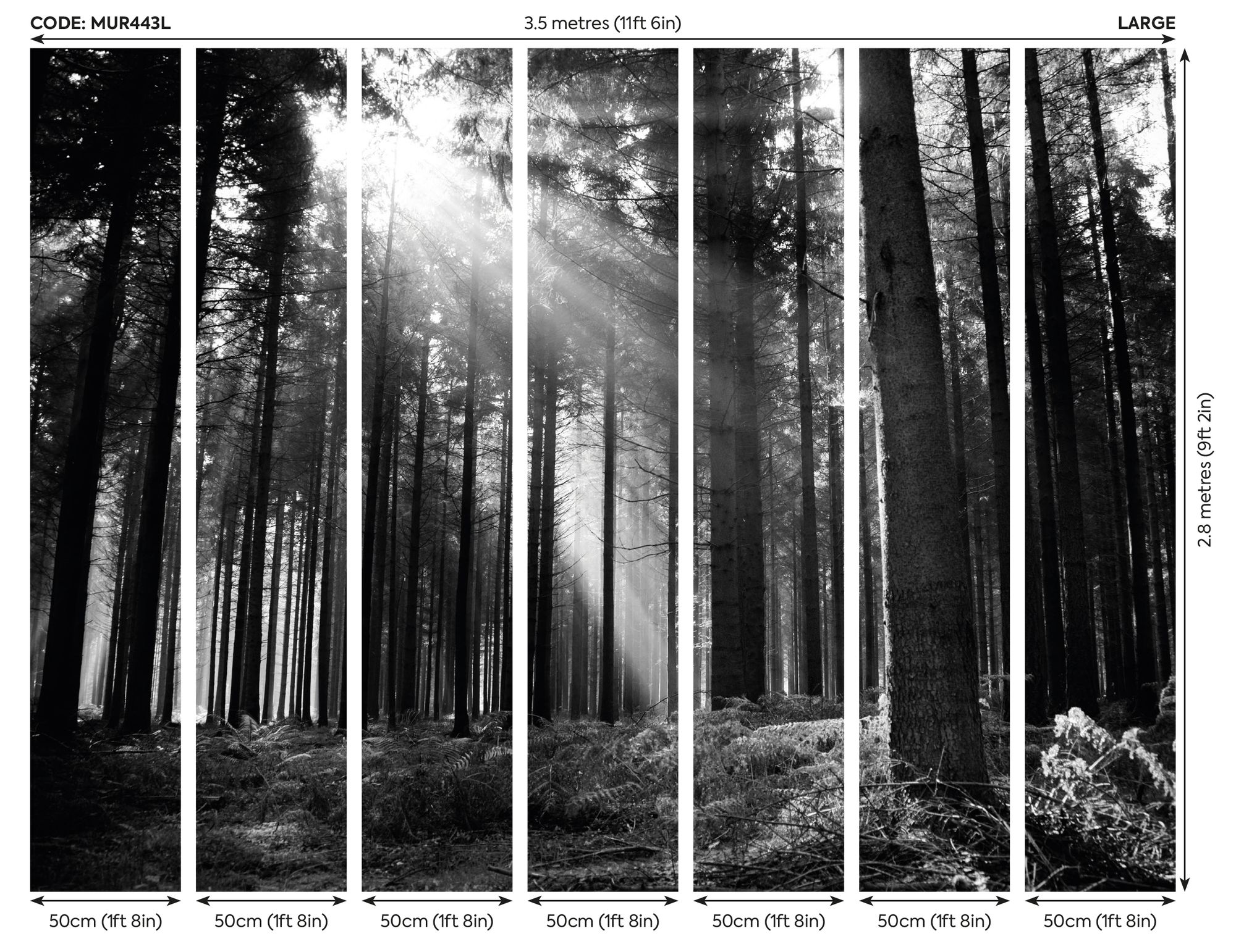 MUR438L Monochrome Forest Black & White Mural Large by Origin Murals