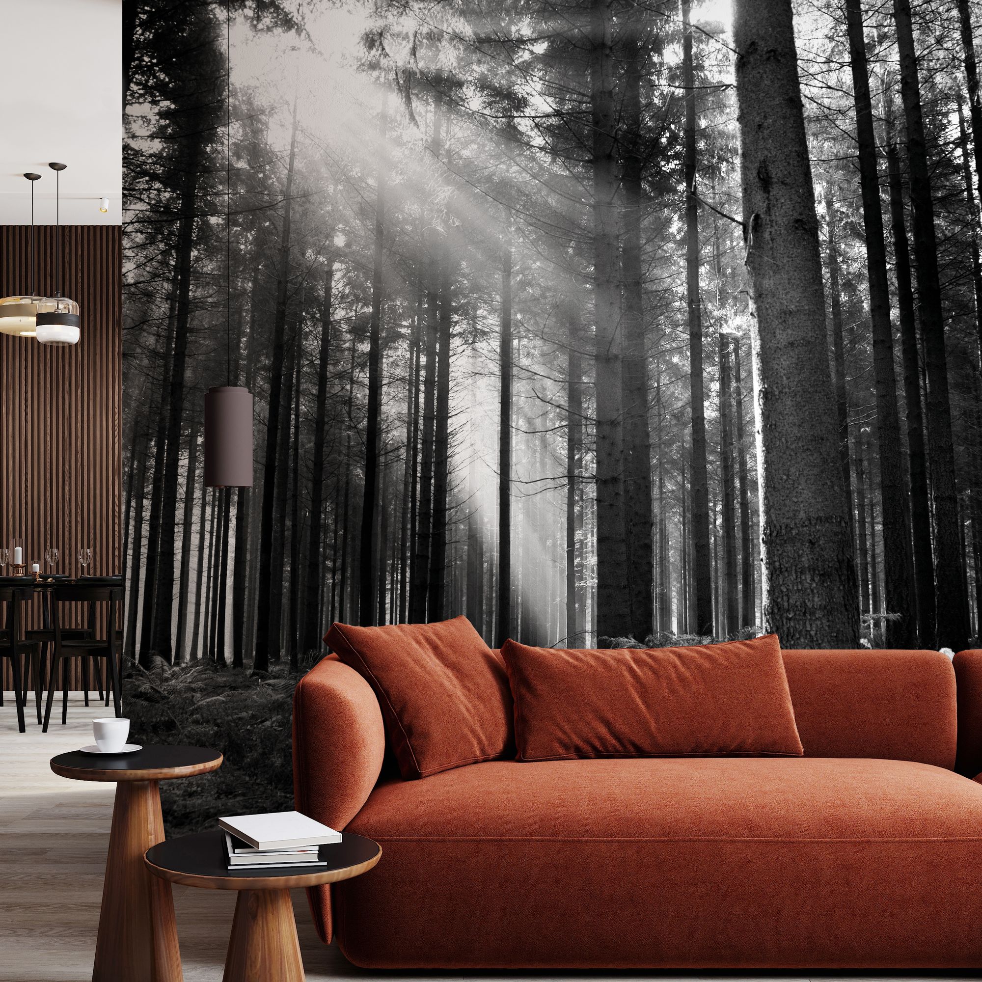 MUR438M Monochrome Forest Black & White Mural Medium by Origin Murals