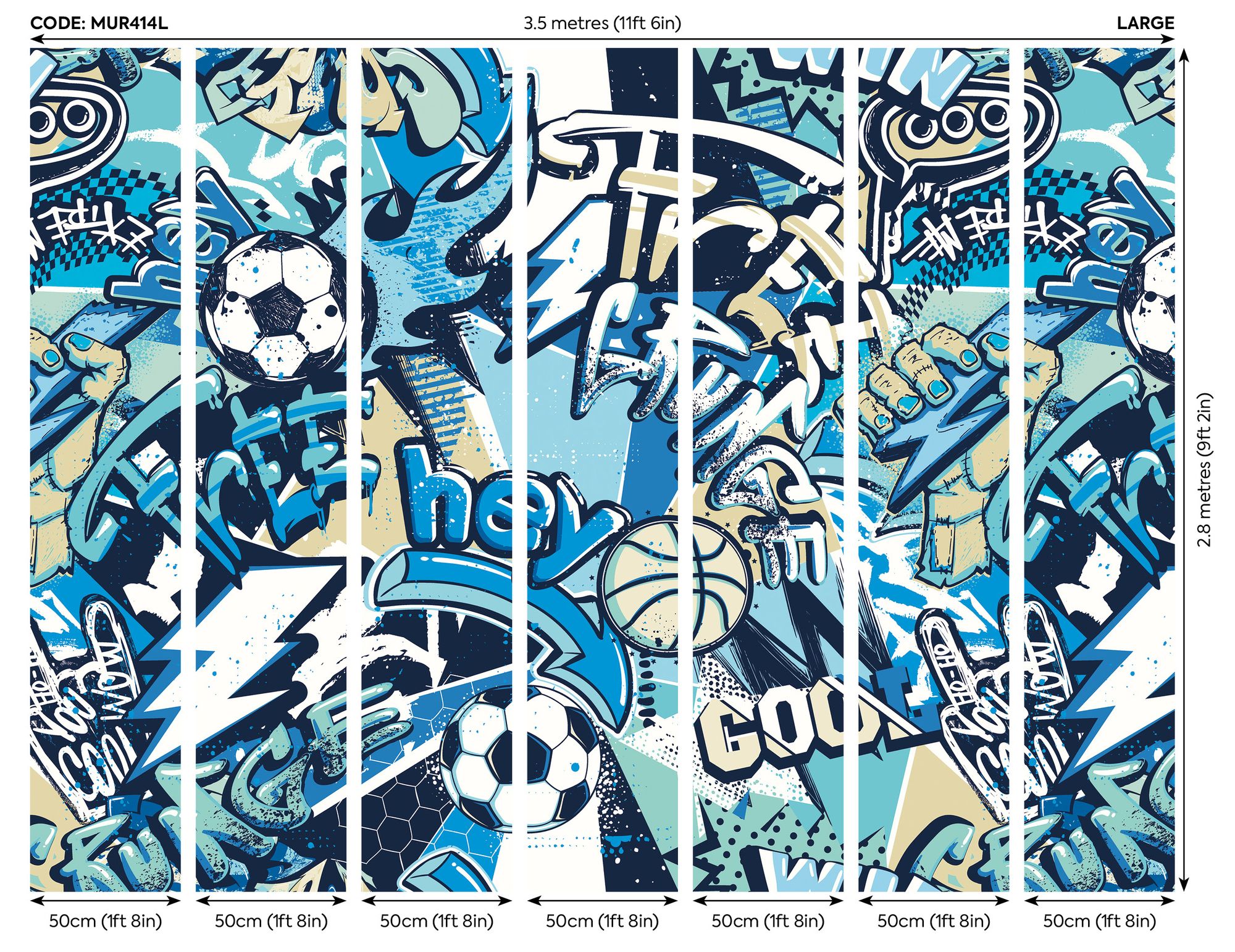 MUR414L Sports Graffiti Blue Mural Large by Origin Murals