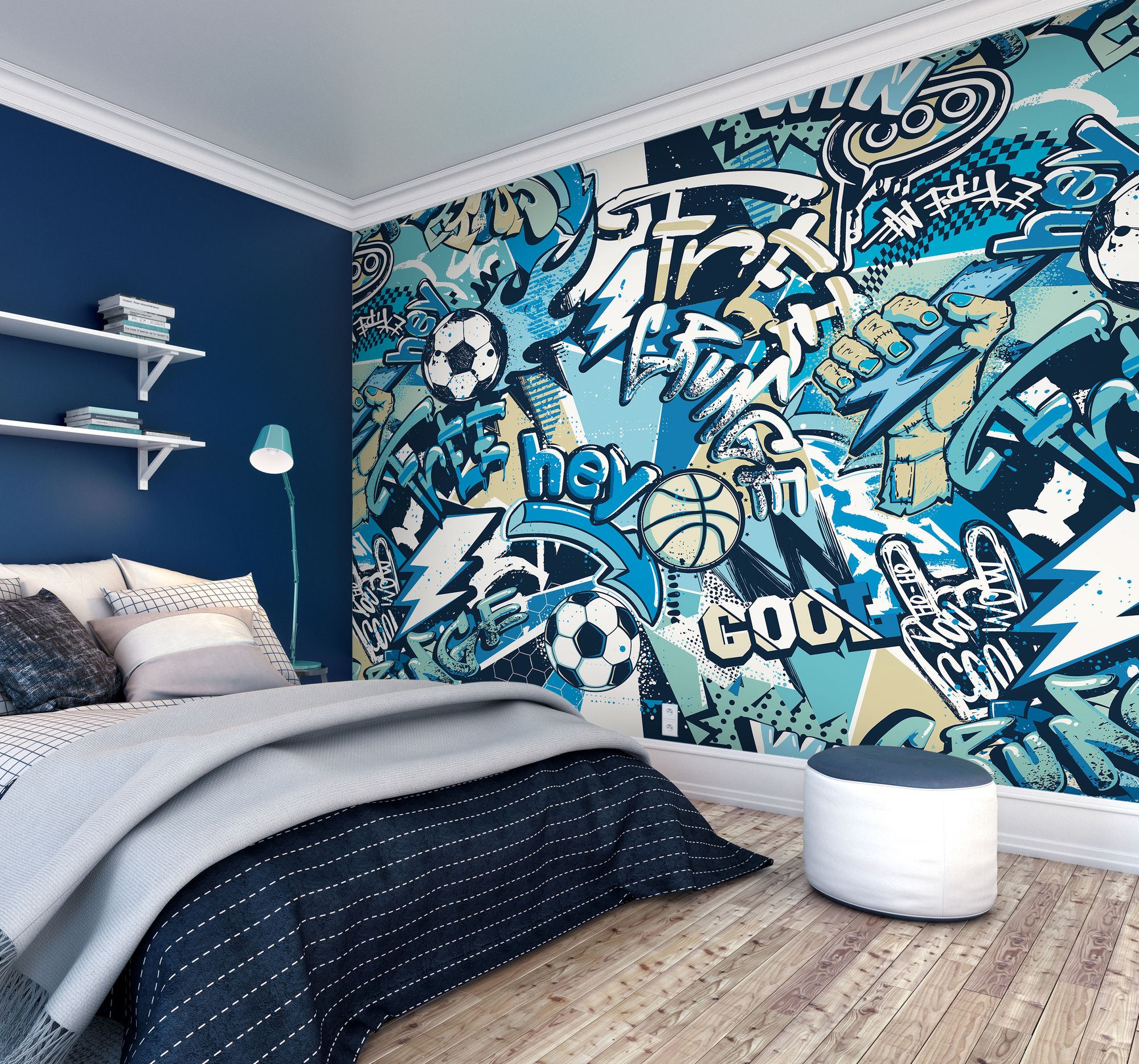 MUR414M Sports Graffiti Blue Mural Medium by Origin Murals