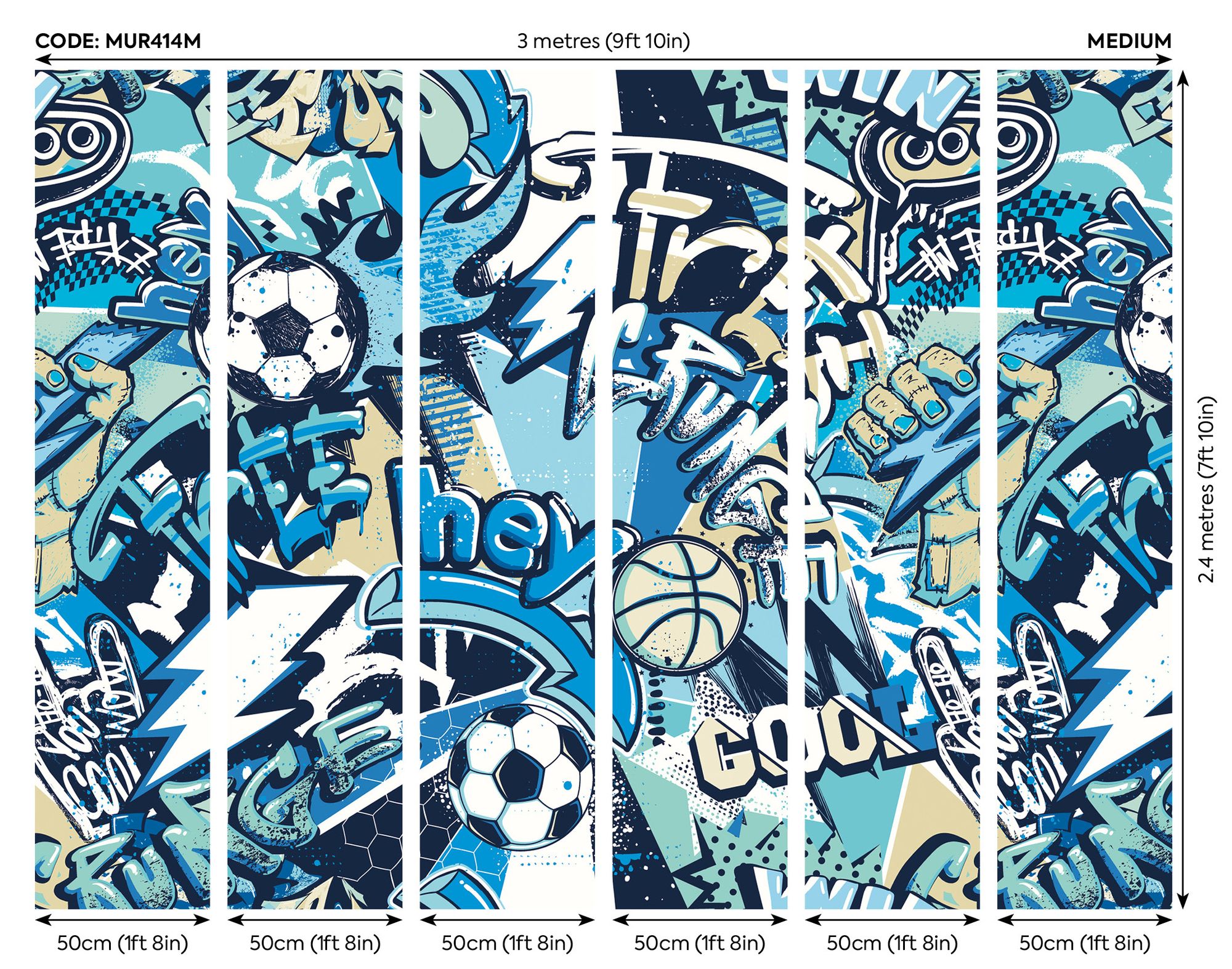MUR414M Sports Graffiti Blue Mural Medium by Origin Murals