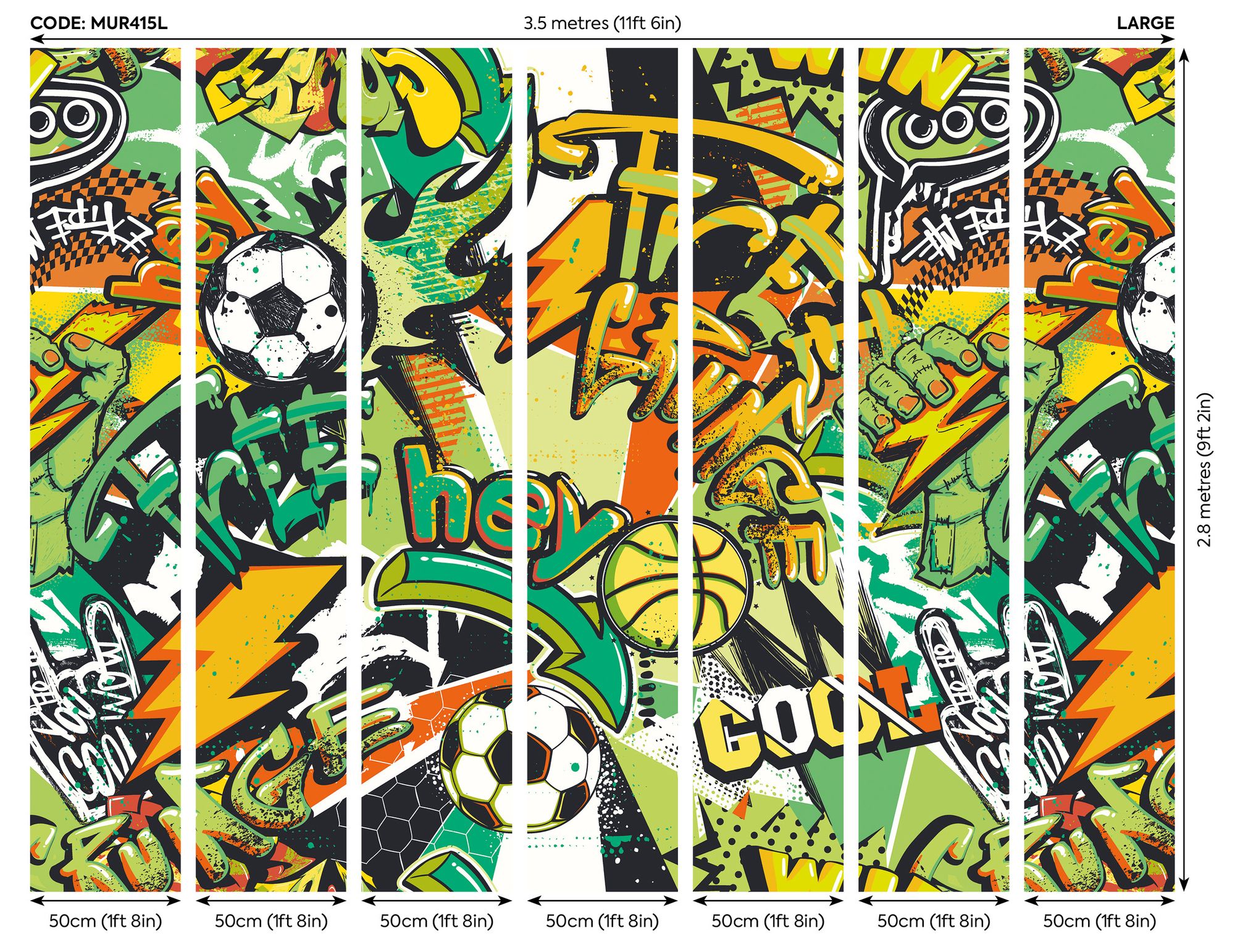 MUR415L Sports Graffiti Emerald And Orange Mural Large by Origin Murals