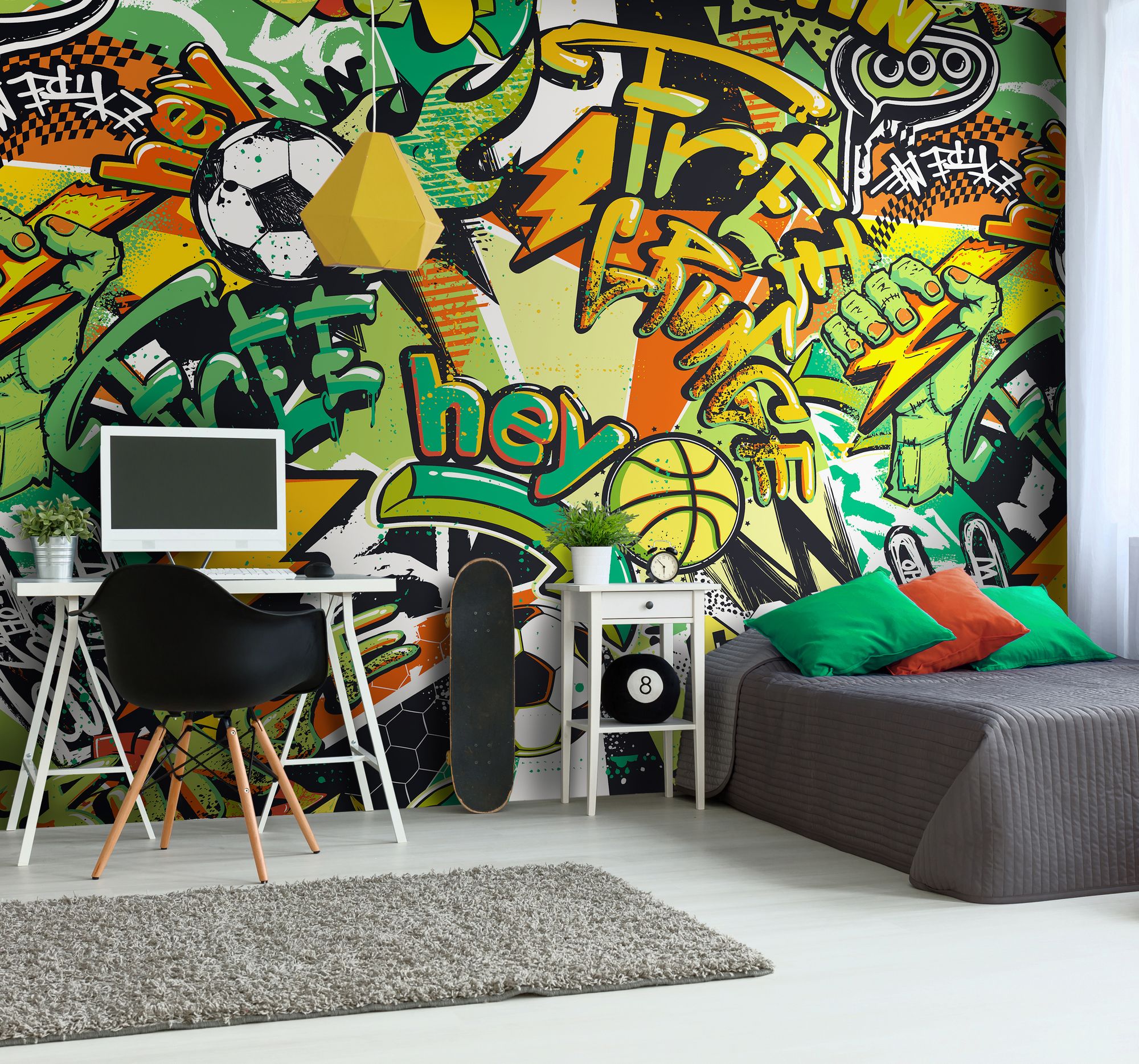 MUR415M Sports Graffiti Emerald And Orange Mural Medium by Origin Murals