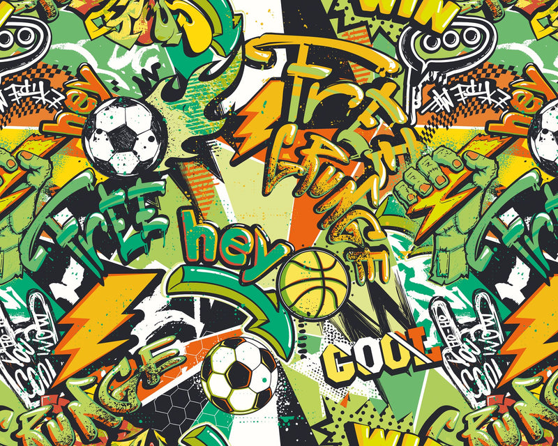 MUR415M Sports Graffiti Emerald And Orange Mural Medium by Origin Murals