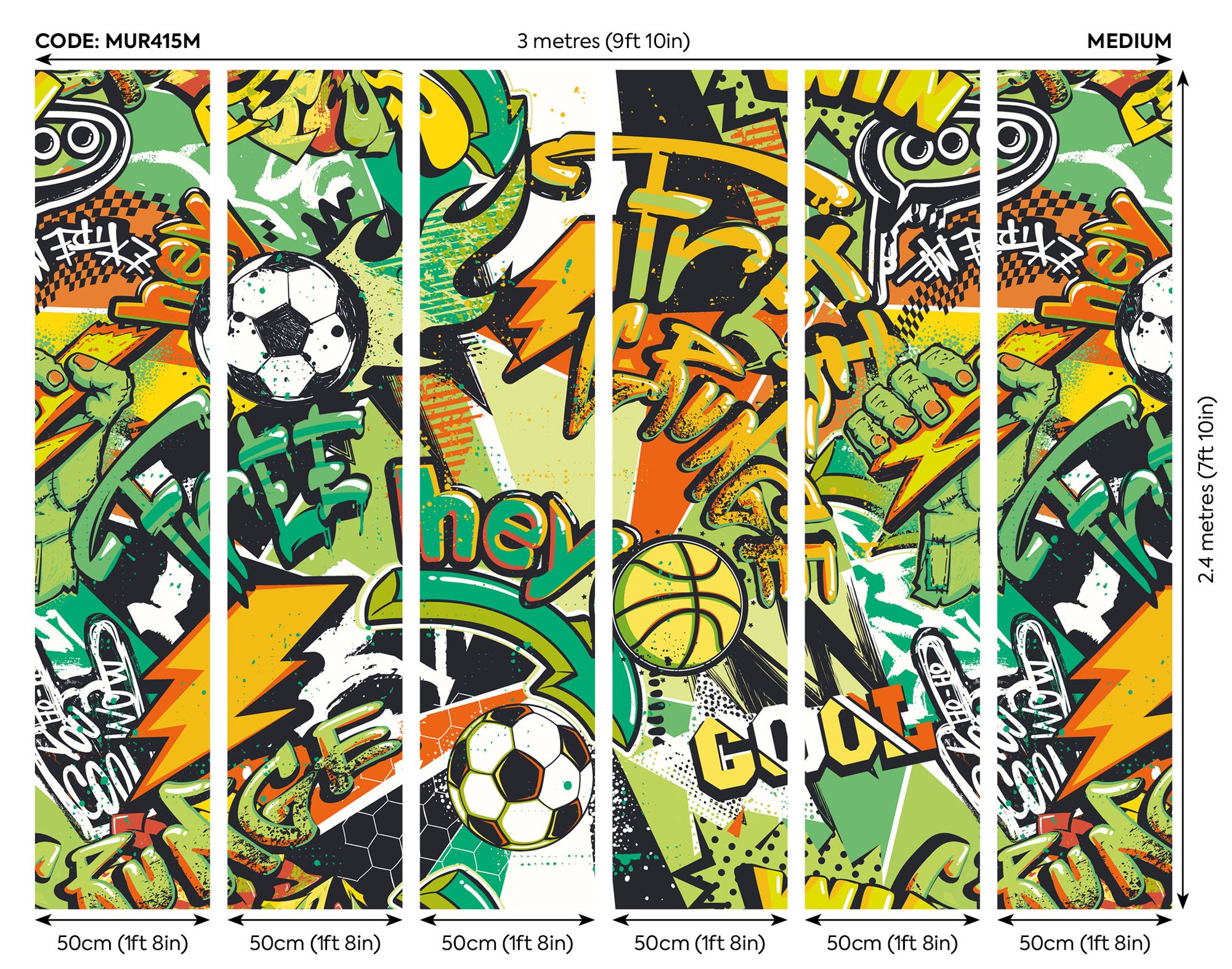 MUR415M Sports Graffiti Emerald And Orange Mural Medium by Origin Murals