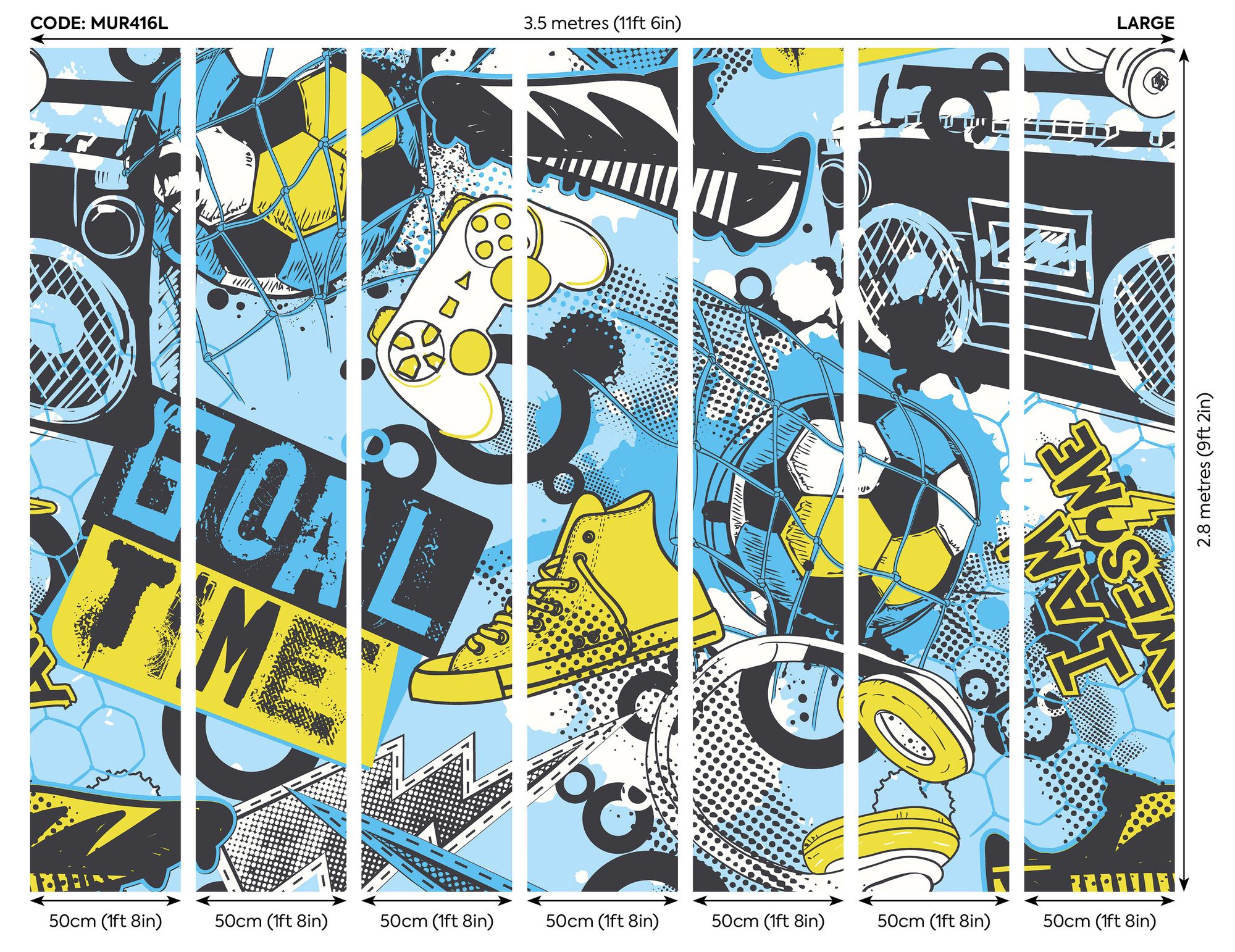 MUR416L Games Splash Blue And Lime Mural Large by Origin Murals