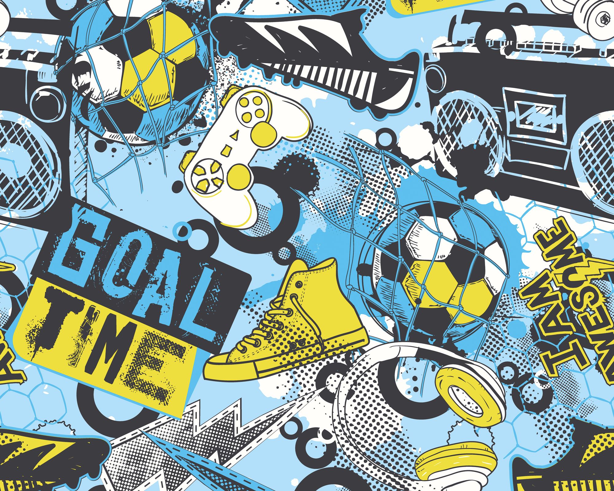 MUR416M Games Splash Blue And Lime Mural Medium by Origin Murals