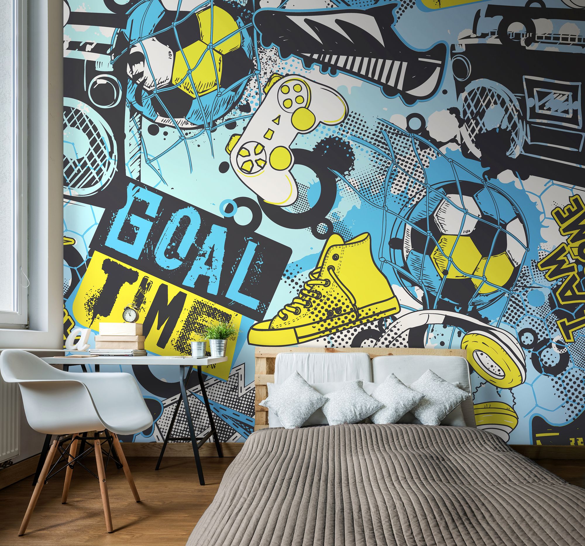 MUR416M Games Splash Blue And Lime Mural Medium by Origin Murals