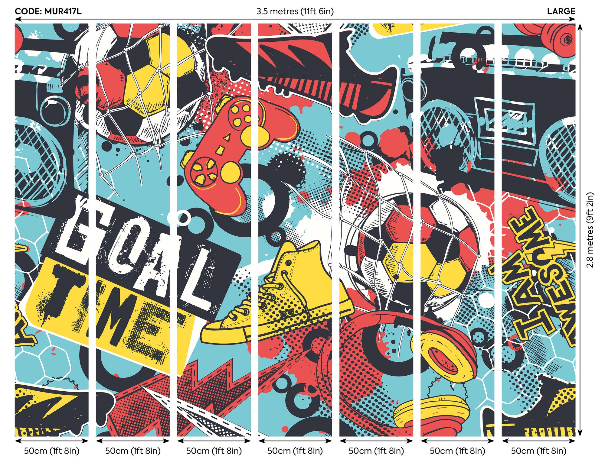 MUR417L Games Splash Red And Petrol Mural Large by Origin Murals