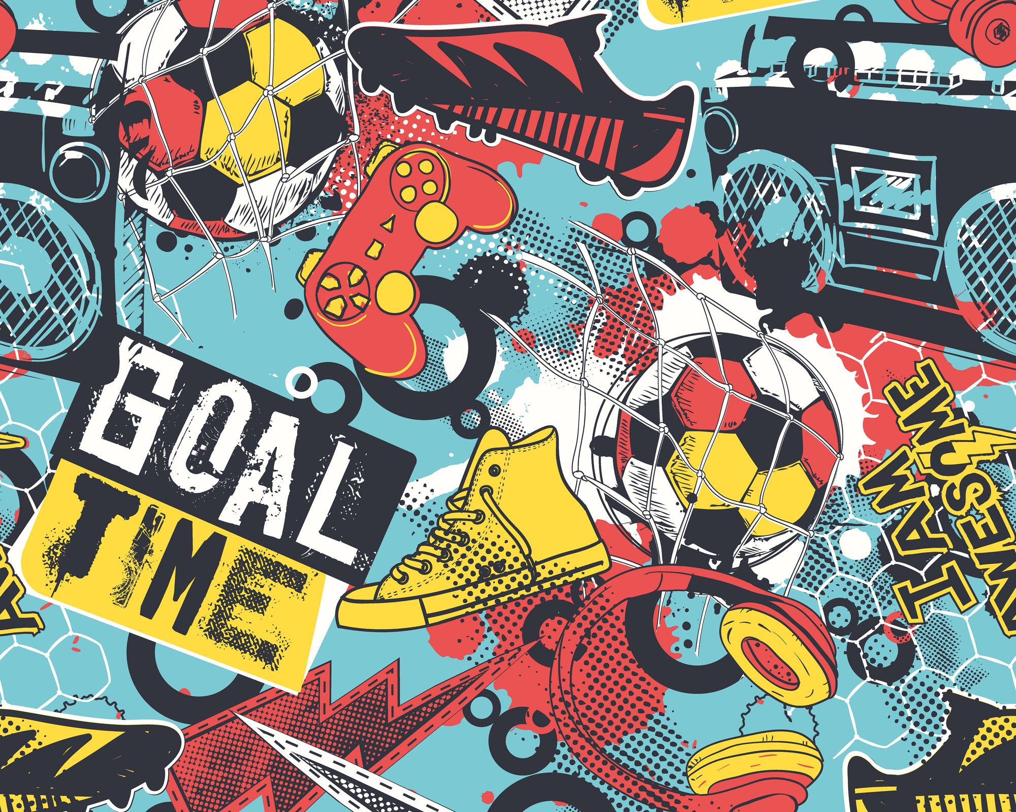 MUR417M Games Splash Red And Petrol Mural Medium by Origin Murals