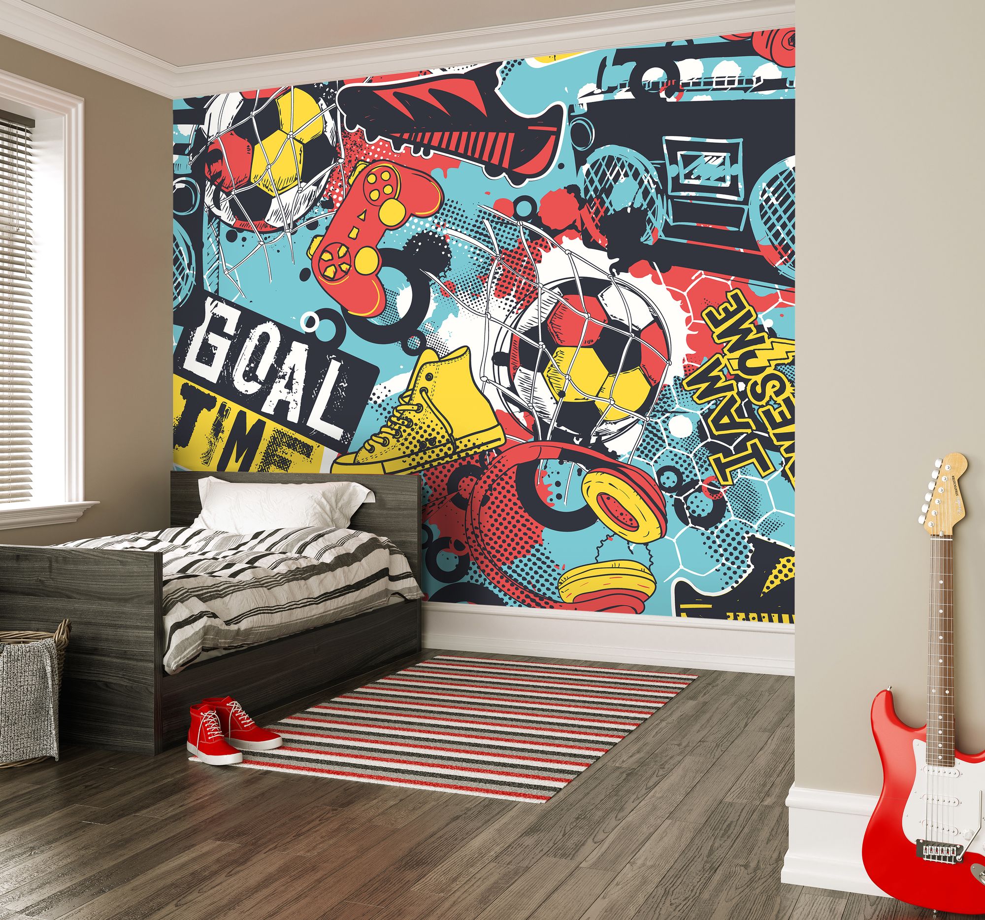 MUR417L Games Splash Red And Petrol Mural Large by Origin Murals