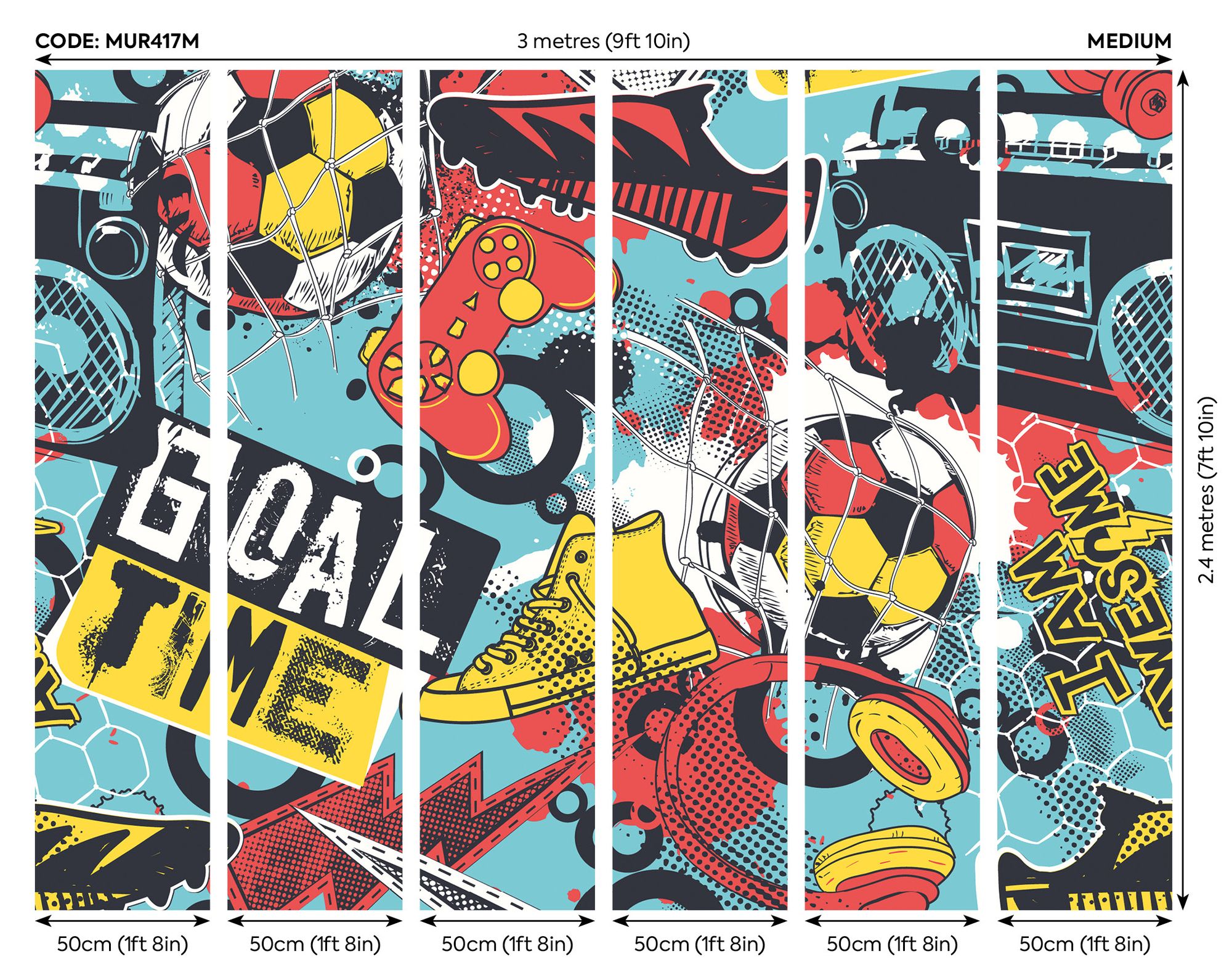 MUR417M Games Splash Red And Petrol Mural Medium by Origin Murals