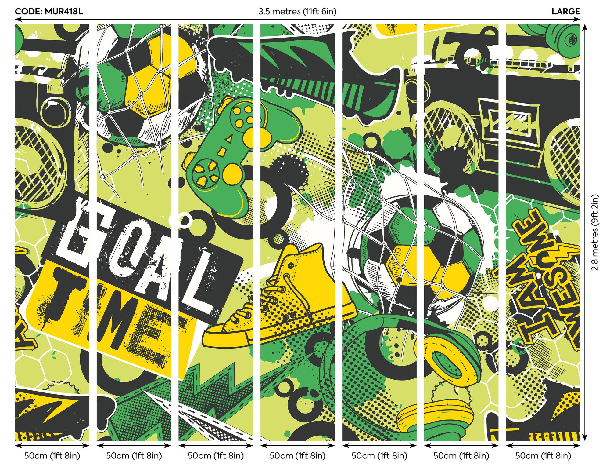 MUR418L Games Splash Green Mix Mural Large by Origin Murals