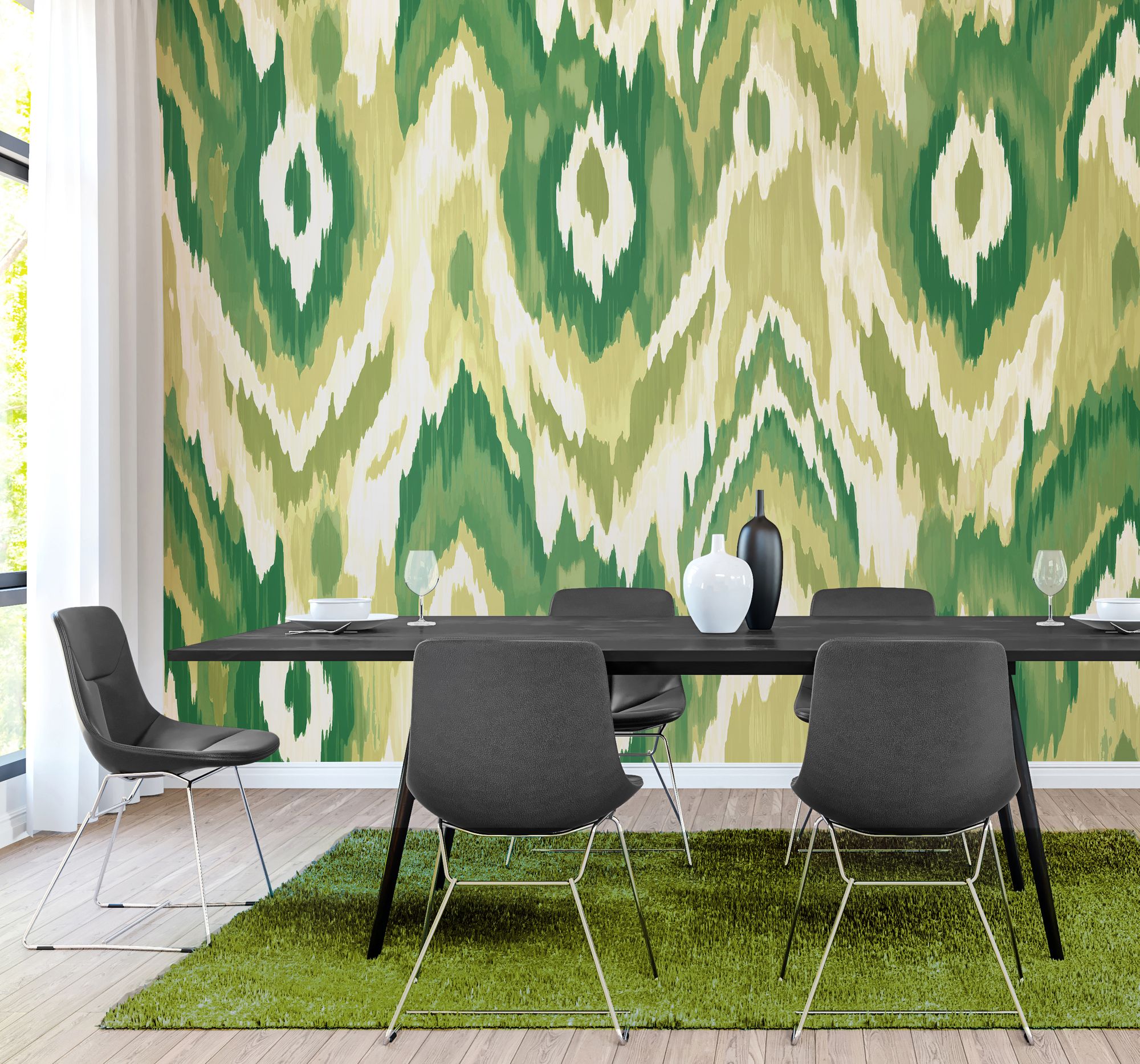 MUR419L Watercolour Ikat Forest Green Mural Large by Origin Murals