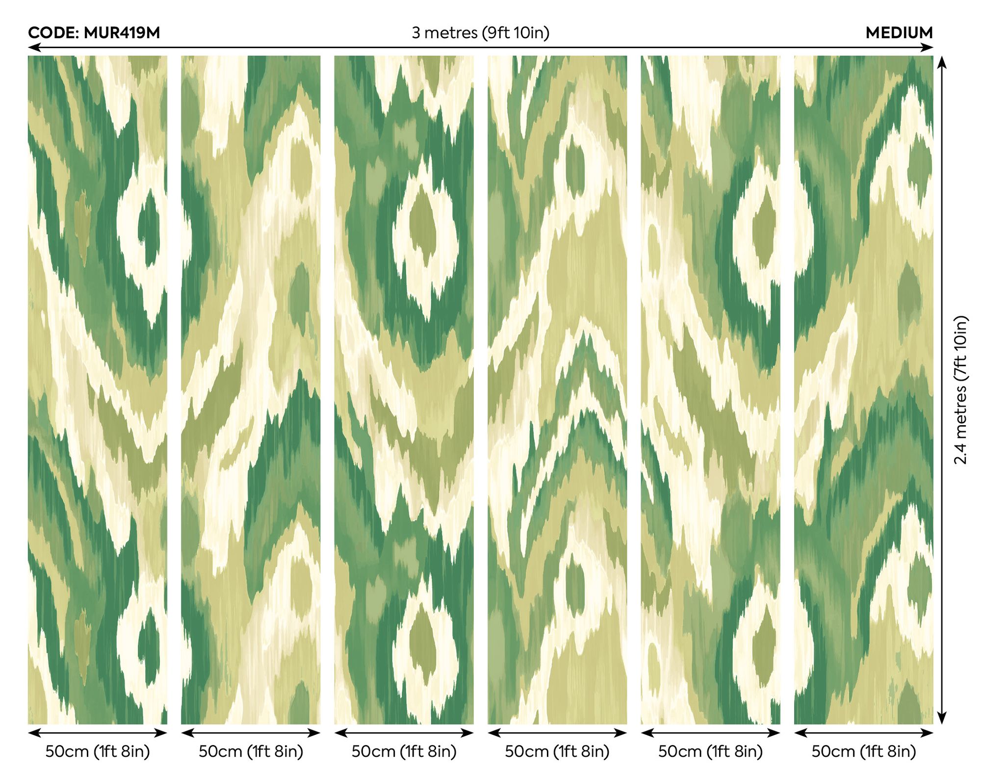 MUR419M Watercolour Ikat Forest Green Mural Medium by Origin Murals