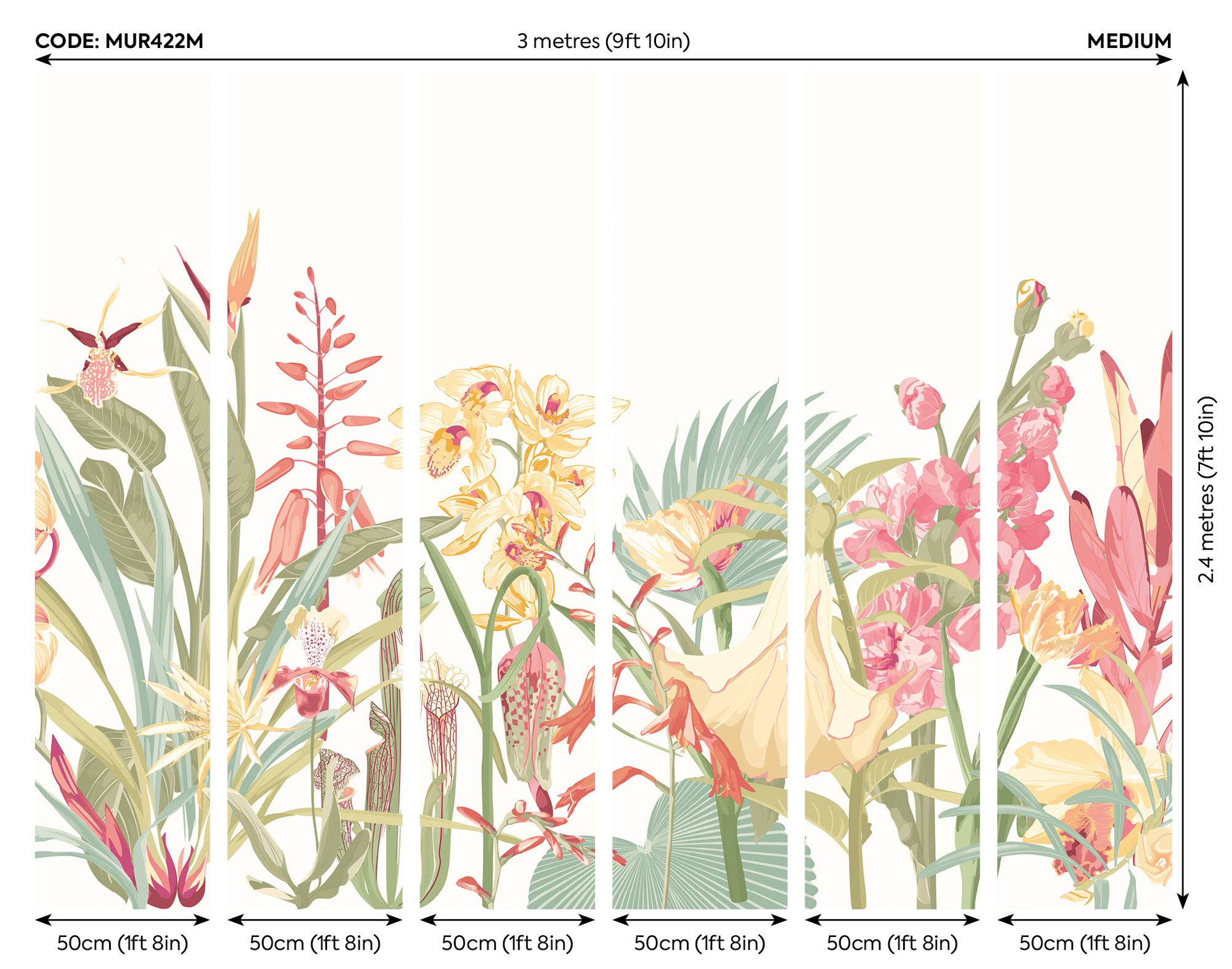 MUR422M Tropical Foliage Dusky Coral Mural Medium by Origin Murals