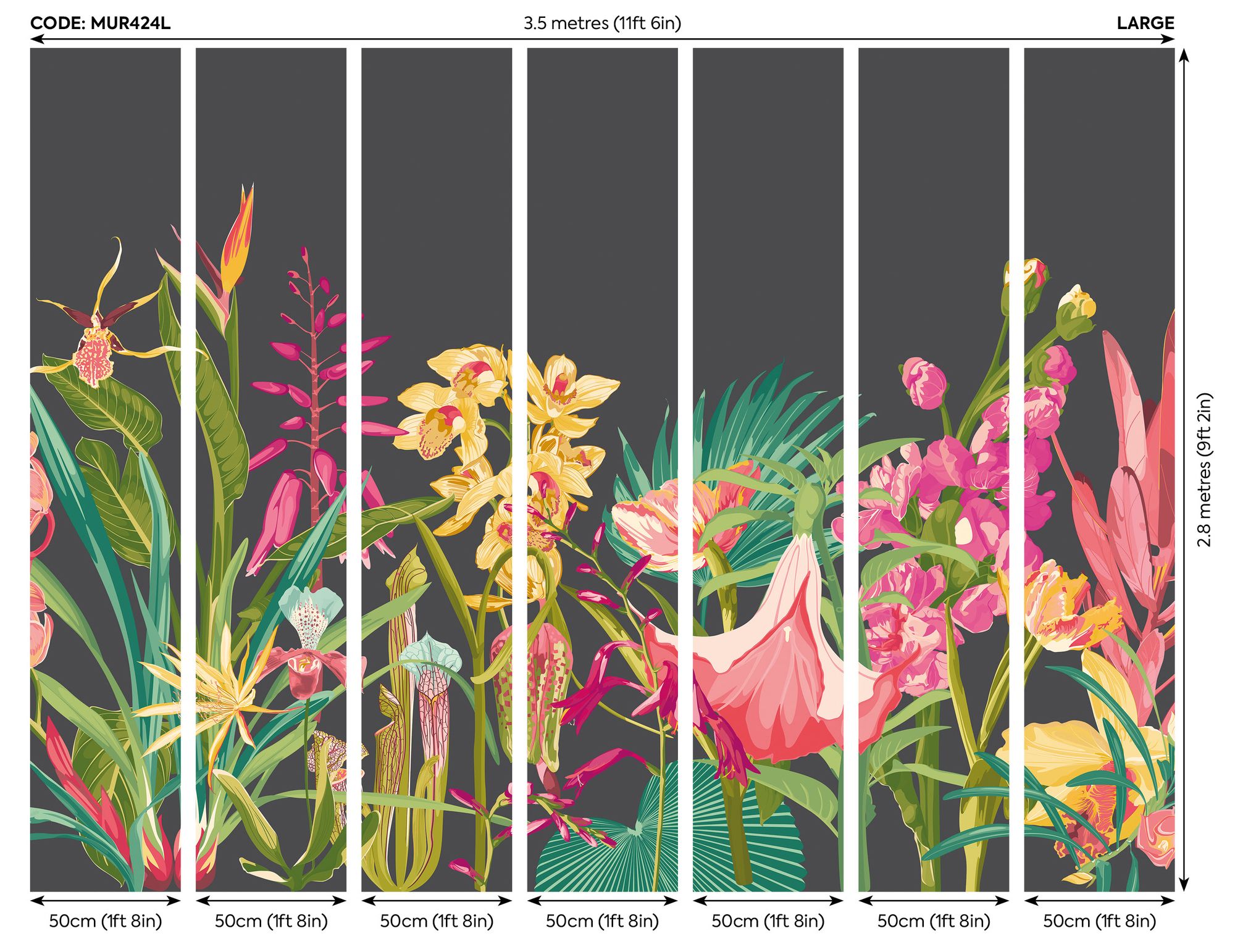 MUR424L Tropical Foliage Charcoal And Ruby Mural Large by Origin Murals