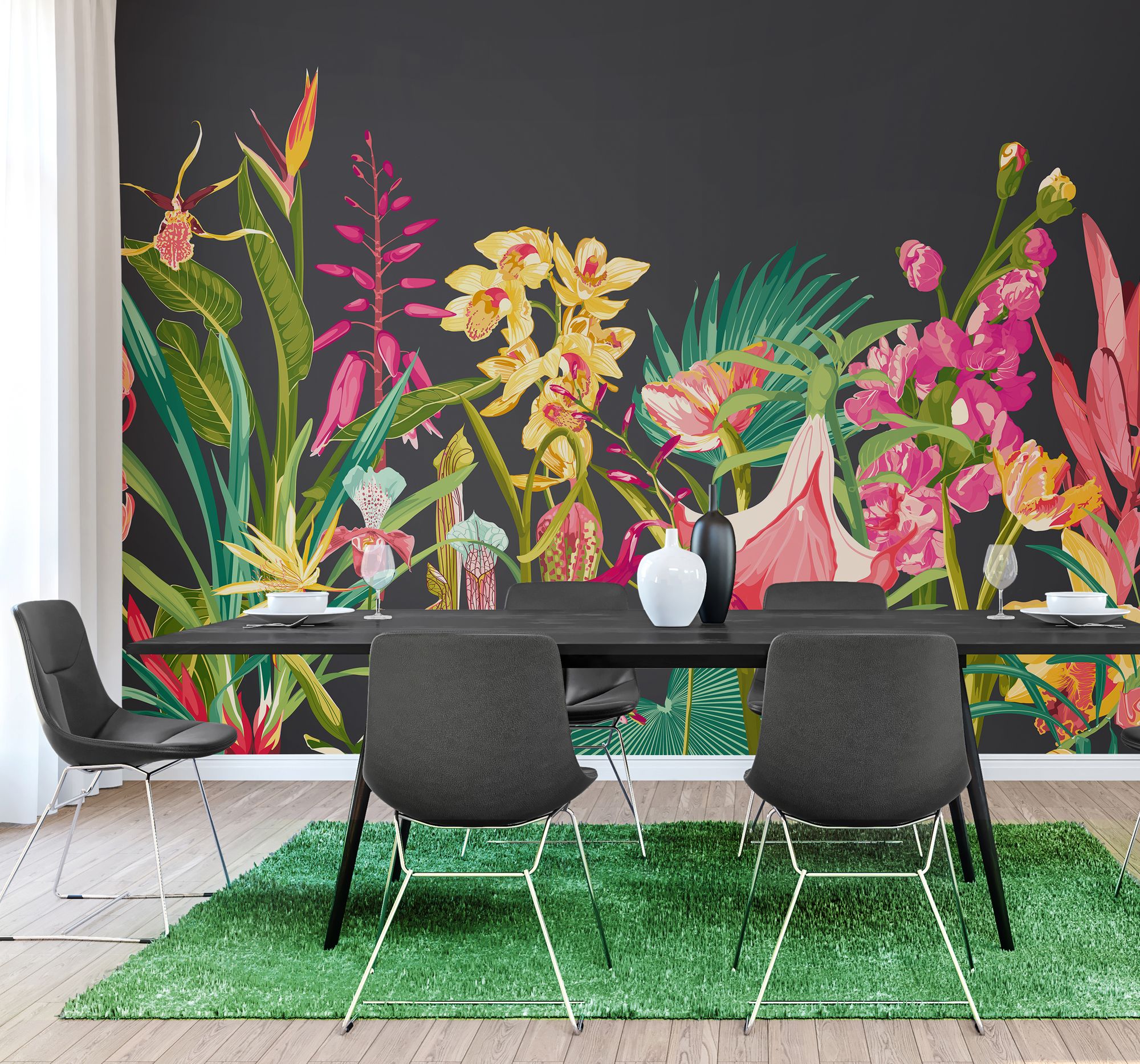 MUR424M Tropical Foliage Charcoal And Ruby Mural Medium by Origin Murals