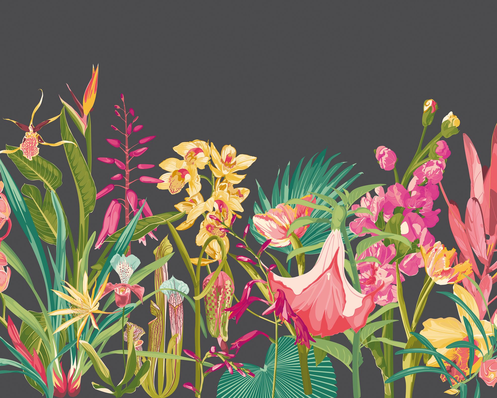MUR424M Tropical Foliage Charcoal And Ruby Mural Medium by Origin Murals