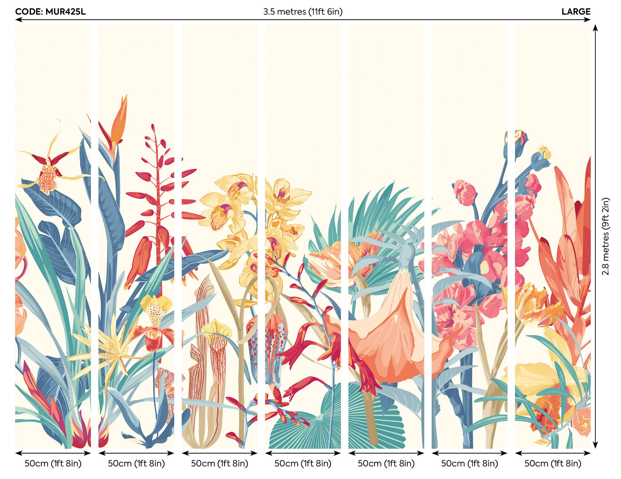 MUR425L Tropical Foliage Petrol And Coral Mural Large by Origin Murals