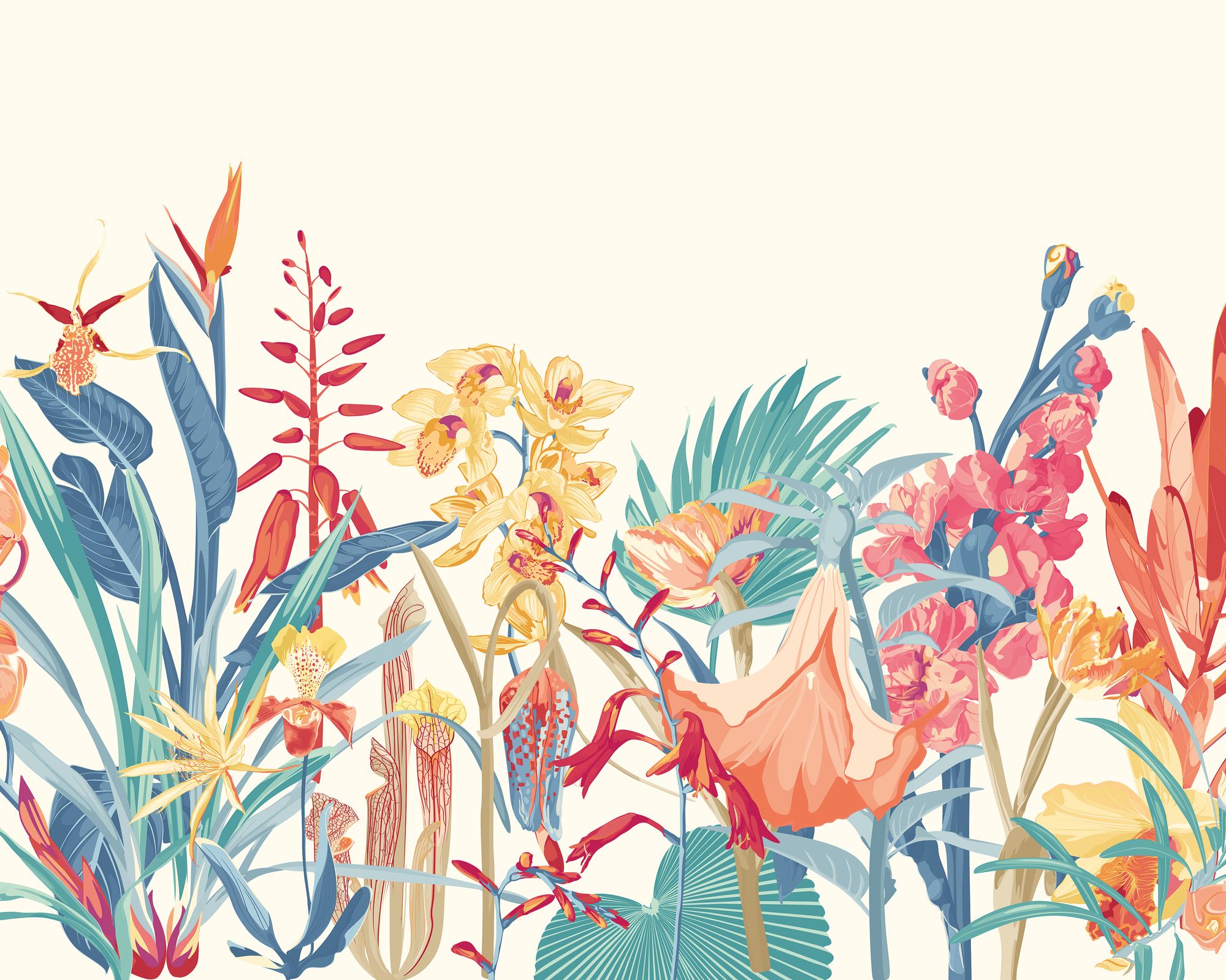 MUR425M Tropical Foliage Petrol And Coral Mural Medium by Origin Murals