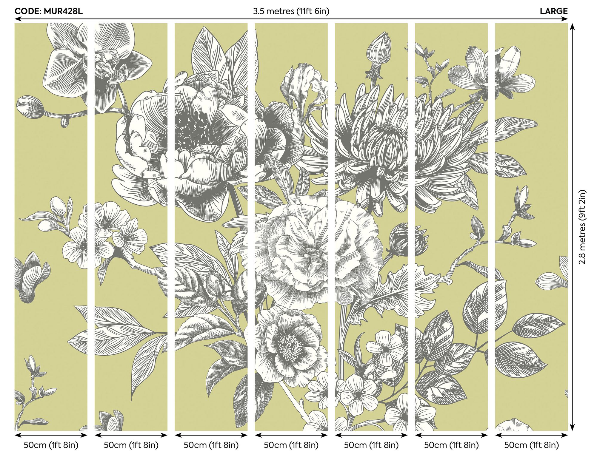 MUR428L Large Rose Toile Apple Green Mural Large by Origin Murals