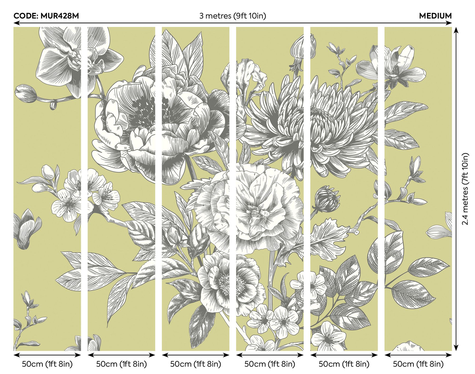 MUR428M Large Rose Toile Apple Green Mural Medium by Origin Murals