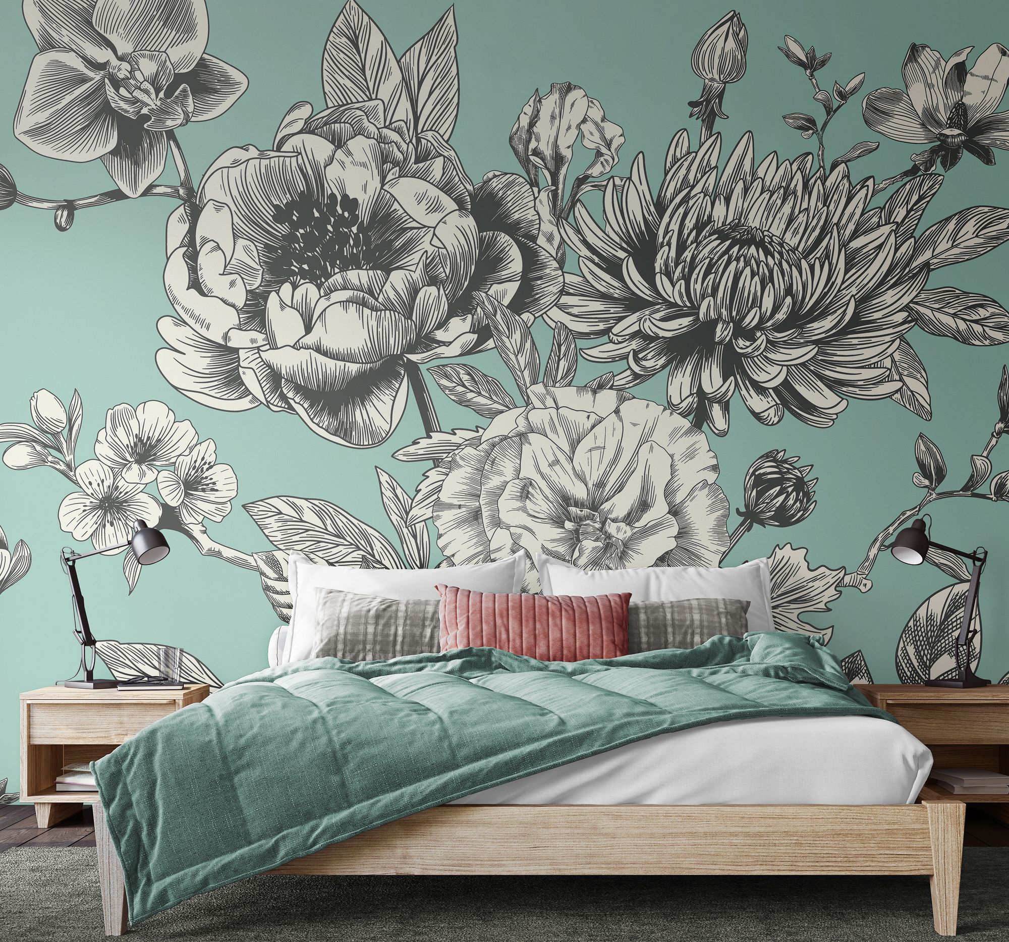 MUR429L Large Rose Toile Seafoam Mural Large by Origin Murals