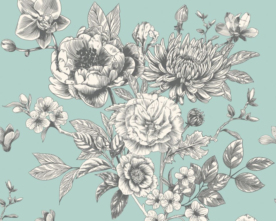 MUR429M Large Rose Toile Seafoam Mural Medium by Origin Murals