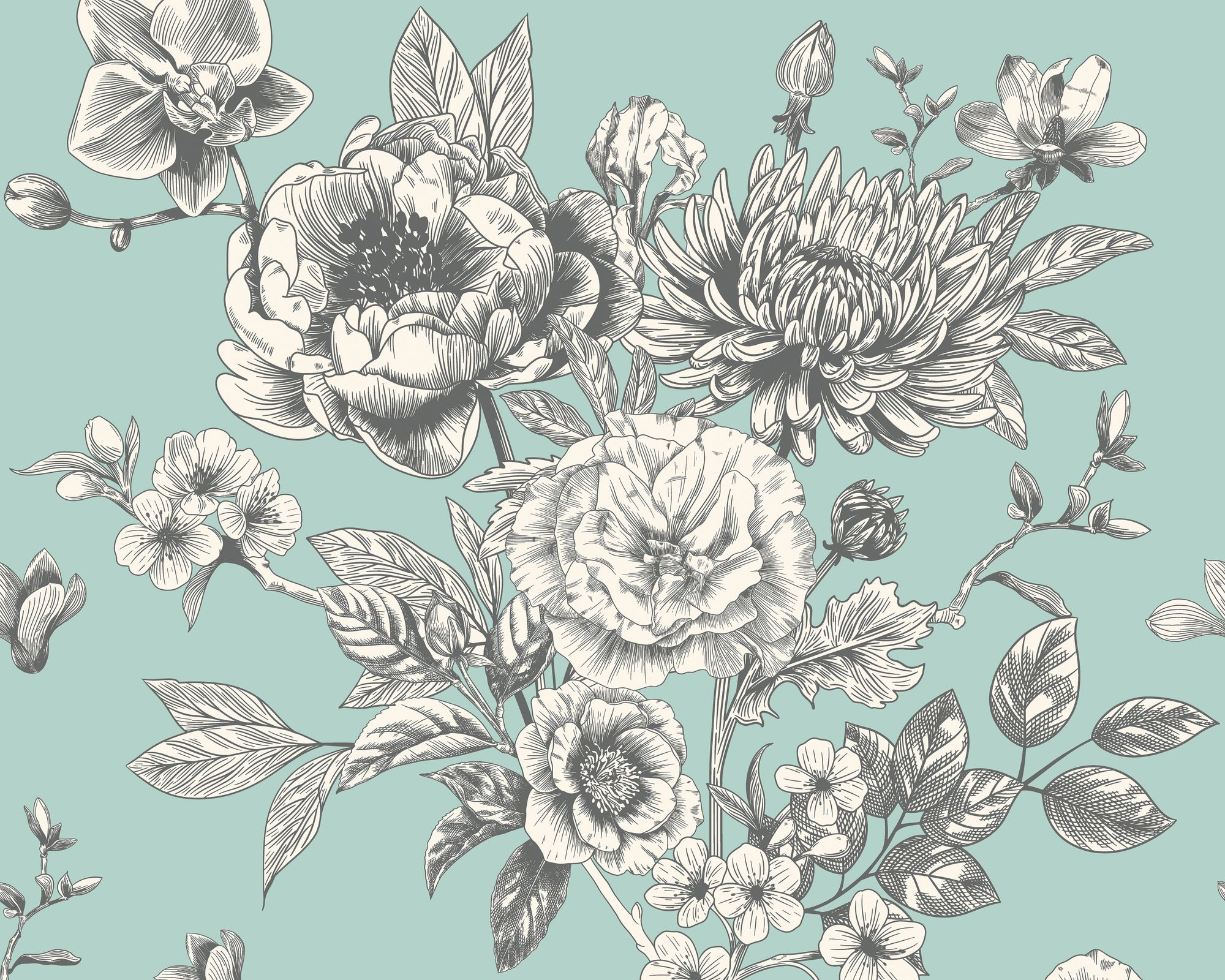 MUR429M Large Rose Toile Seafoam Mural Medium by Origin Murals