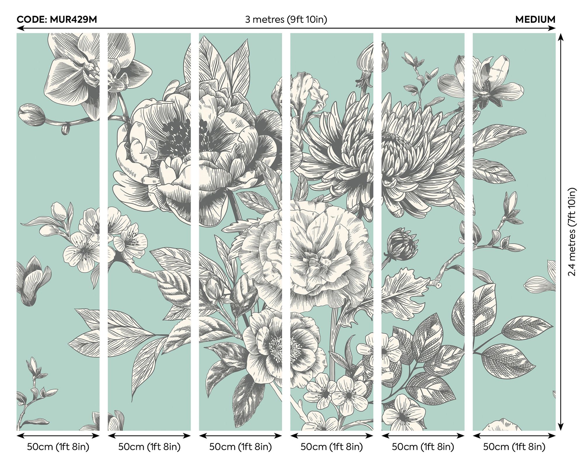 MUR429M Large Rose Toile Seafoam Mural Medium by Origin Murals