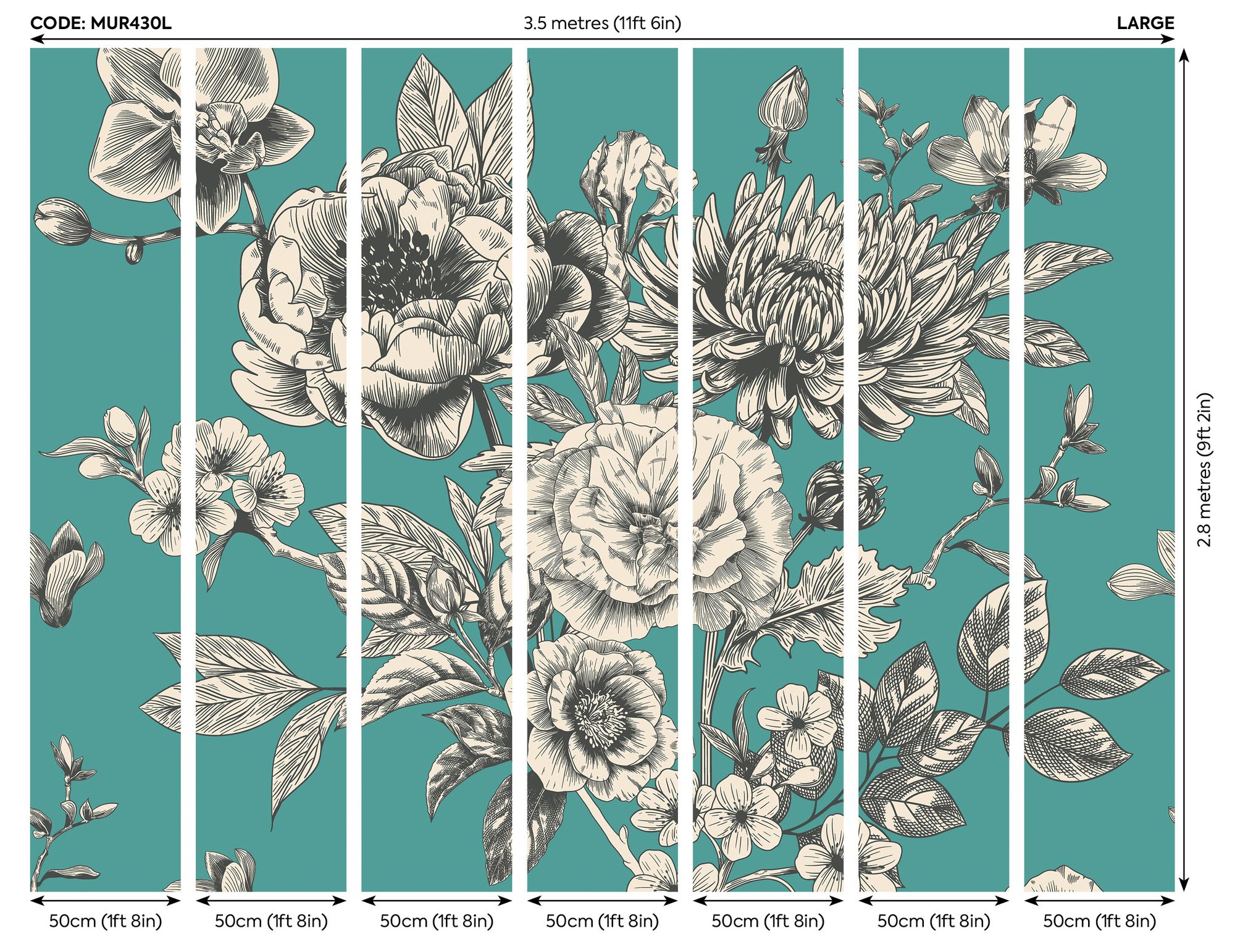 MUR430L Large Rose Toile Teal Blue Mural Large by Origin Murals