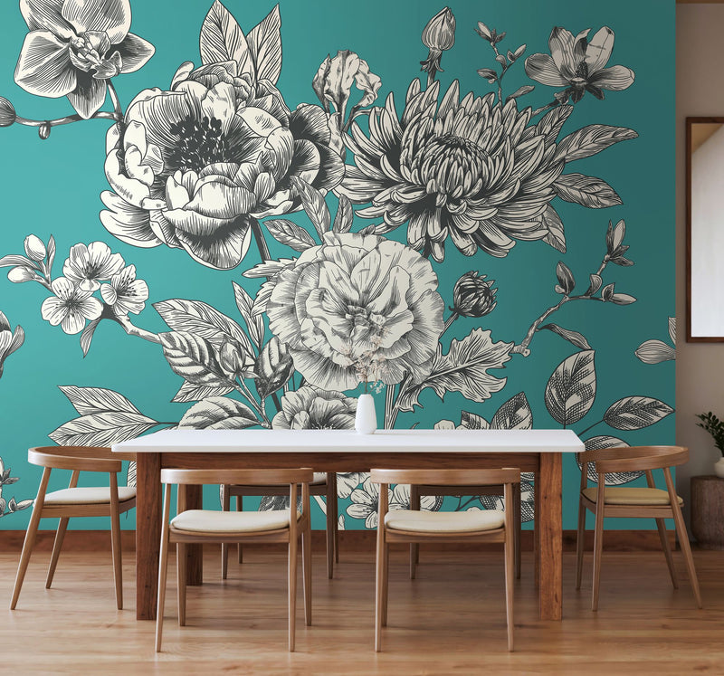 MUR430L Large Rose Toile Teal Blue Mural Large by Origin Murals
