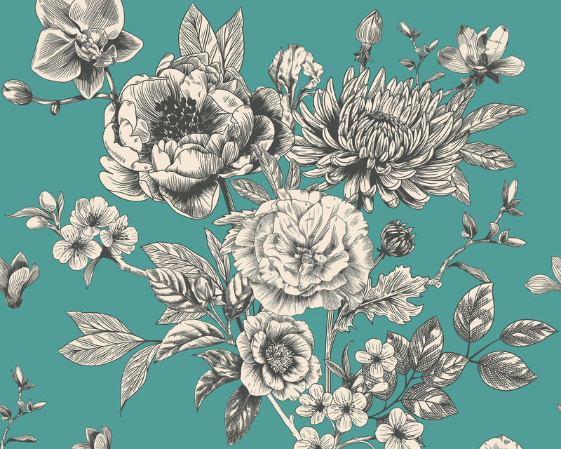 MUR430L Large Rose Toile Teal Blue Mural Large by Origin Murals