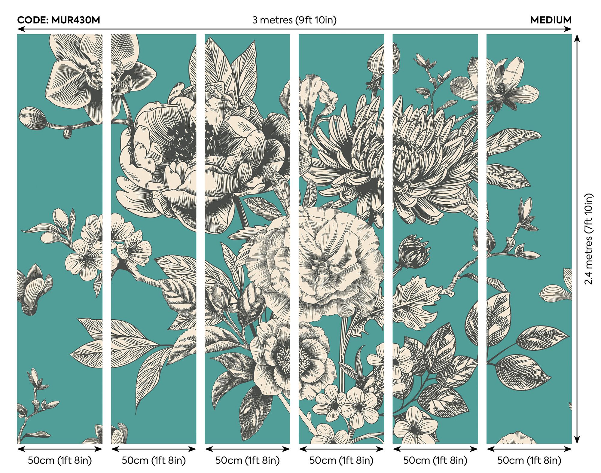 MUR430M Large Rose Toile Teal Blue Mural Medium by Origin Murals