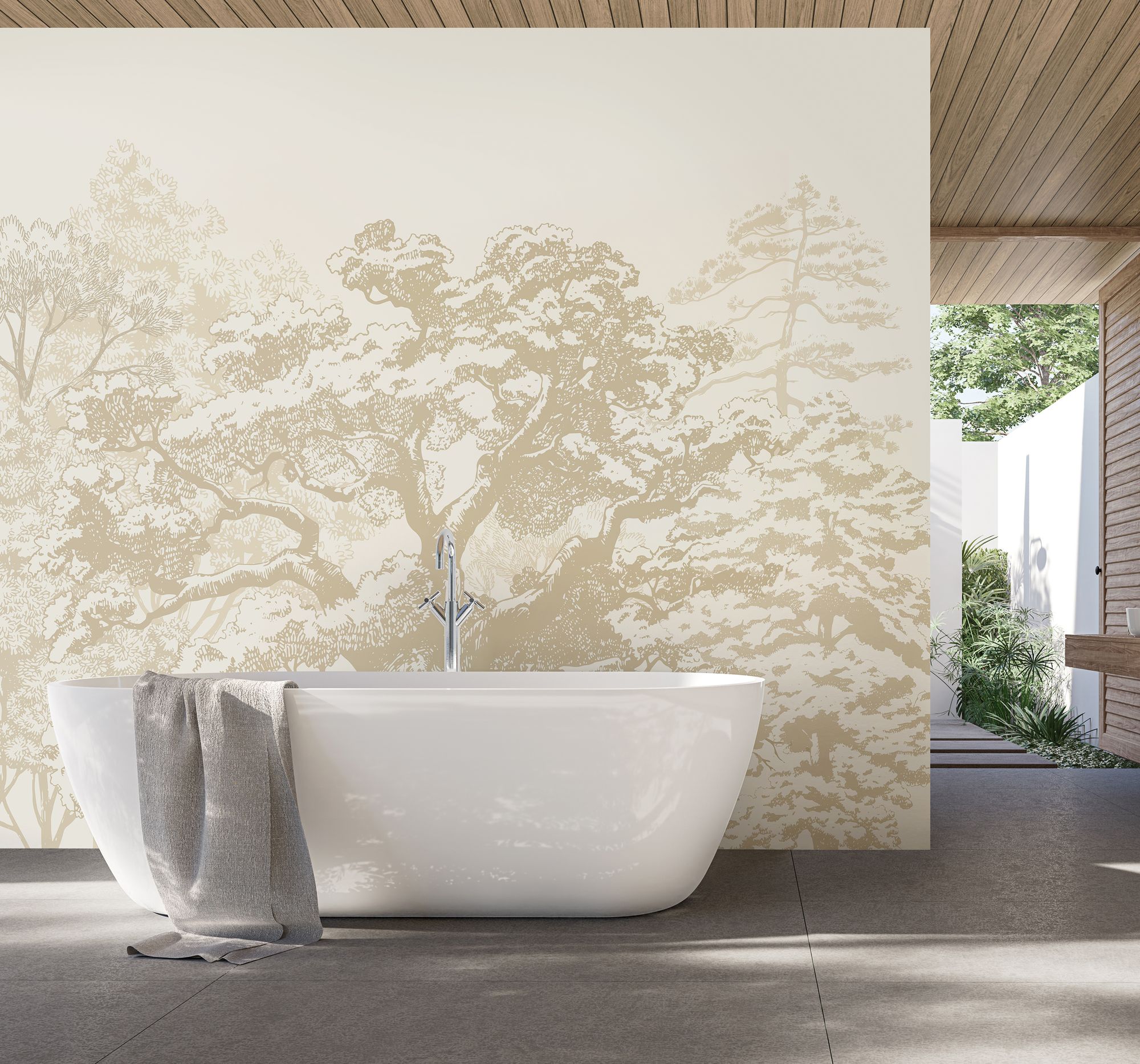 MUR431L Etched Trees Parchment Mural Large by Origin Murals