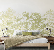 MUR432M Etched Trees Apple Green Mural Medium by Origin Murals