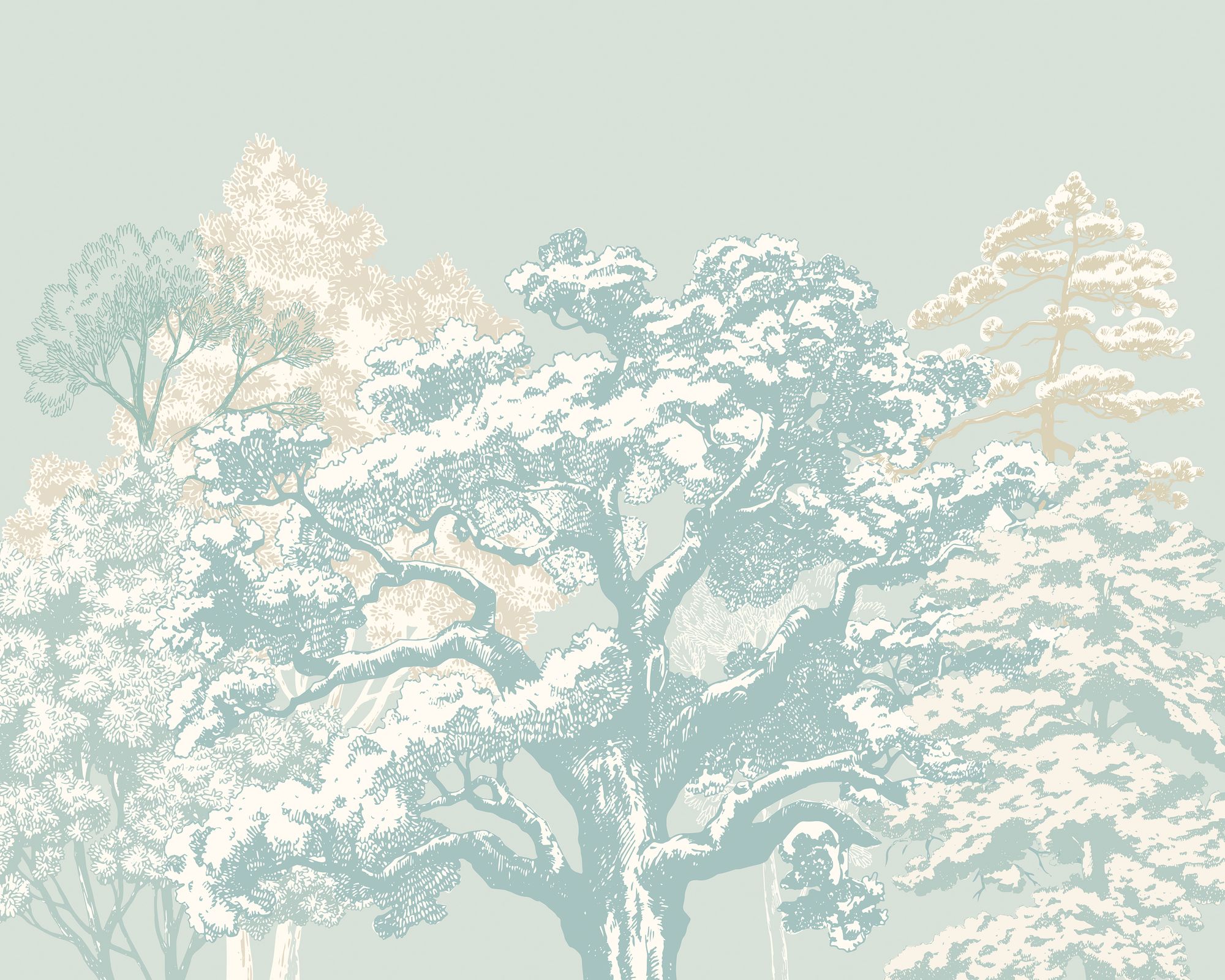MUR433M Etched Trees Duck Egg Blue Mural Medium by Origin Murals